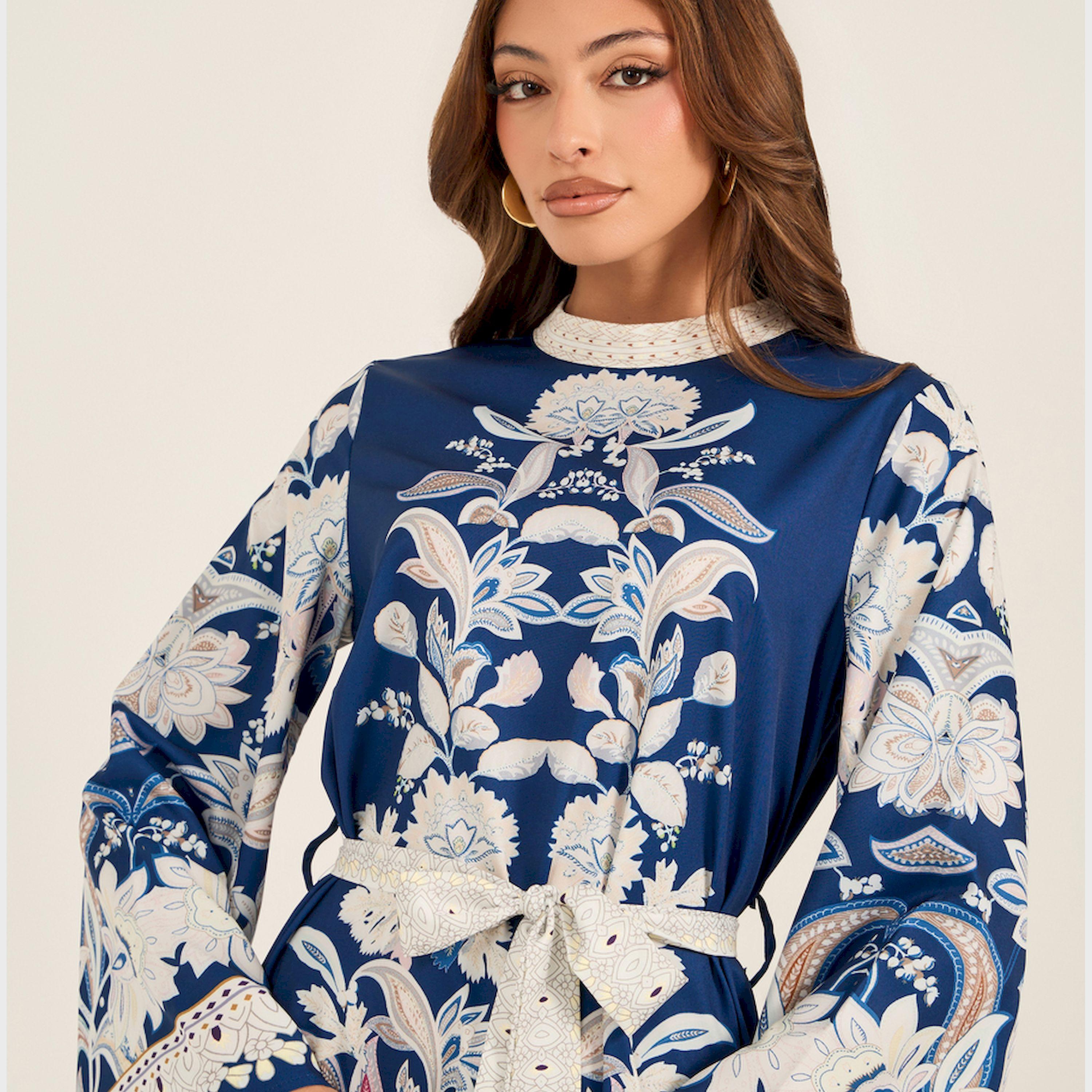 KL X Styli Floral Print High Neck Belted Midi Dress-women-clothing-dresses-image-4