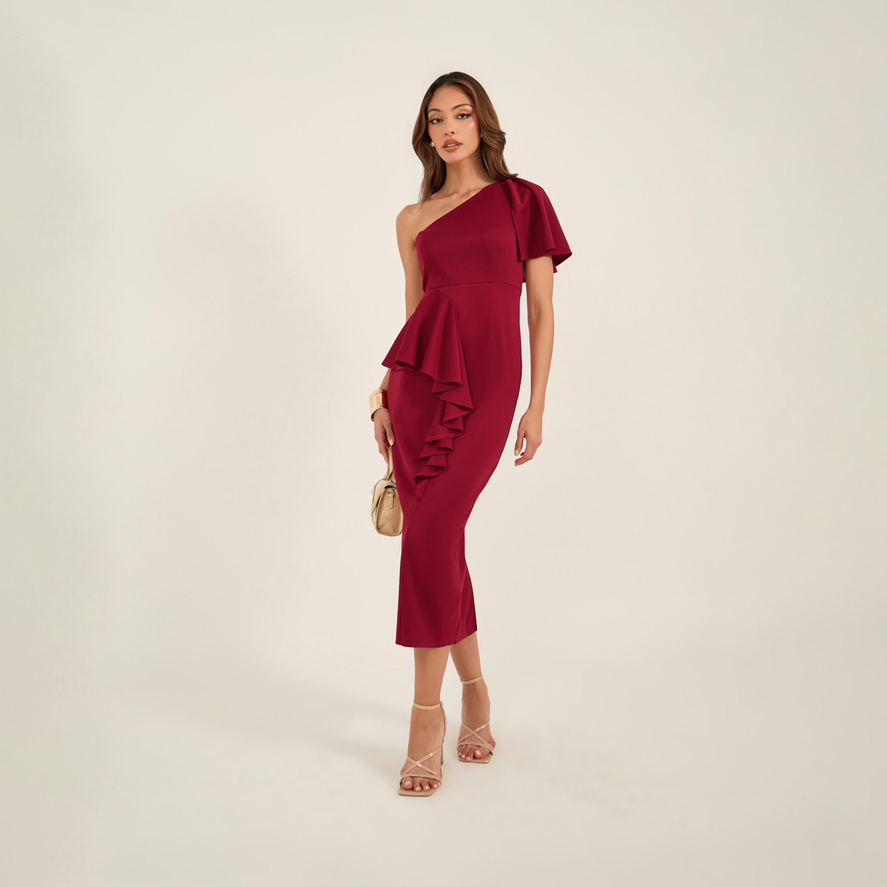 كي ال × ستايلي - فستان متوسط الطول بكتف واحد وتفاصيل كشكشة-women-clothing-dresses-image-1