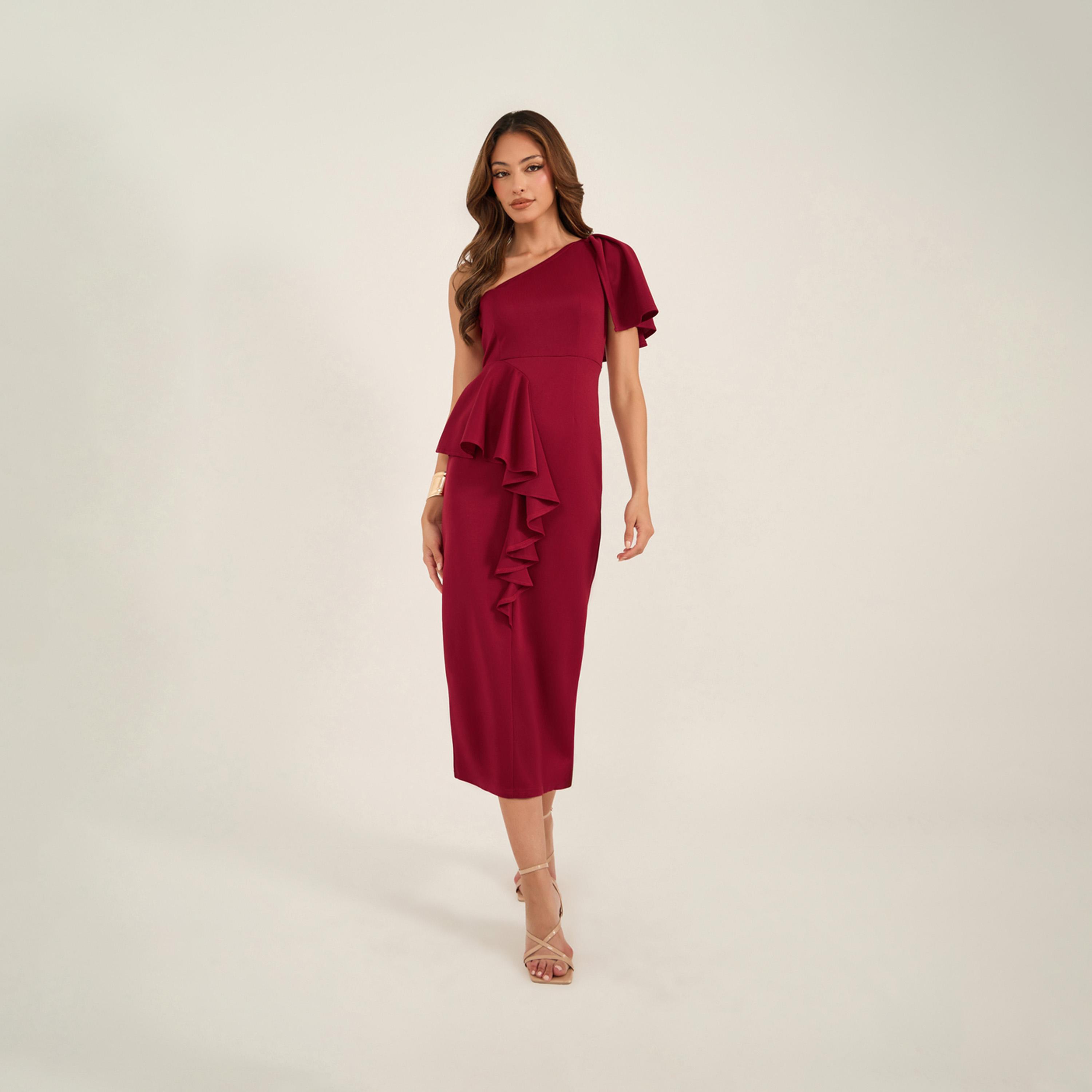 كي ال × ستايلي - فستان متوسط الطول بكتف واحد وتفاصيل كشكشة-women-clothing-dresses-image-2