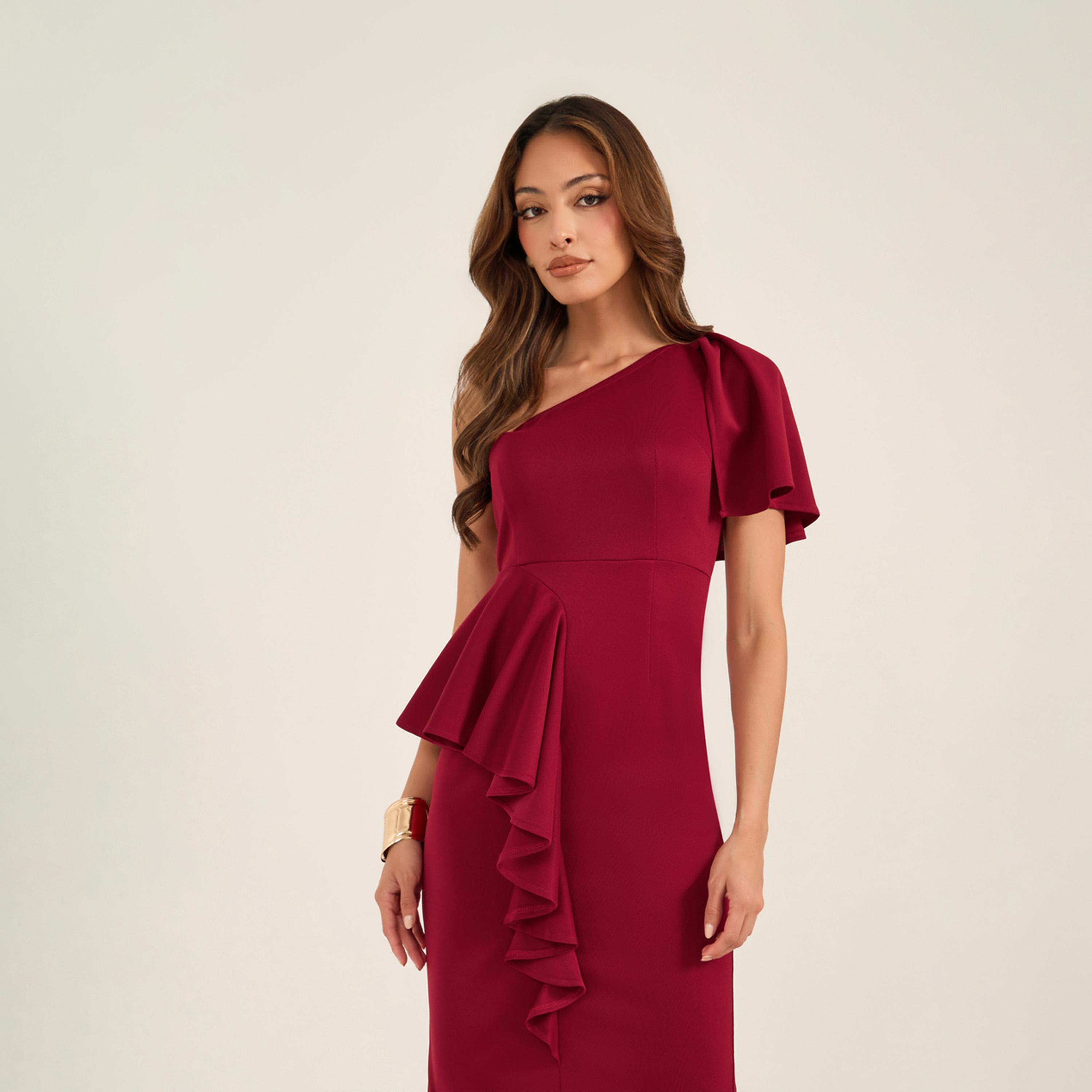 كي ال × ستايلي - فستان متوسط الطول بكتف واحد وتفاصيل كشكشة-women-clothing-dresses-image-3