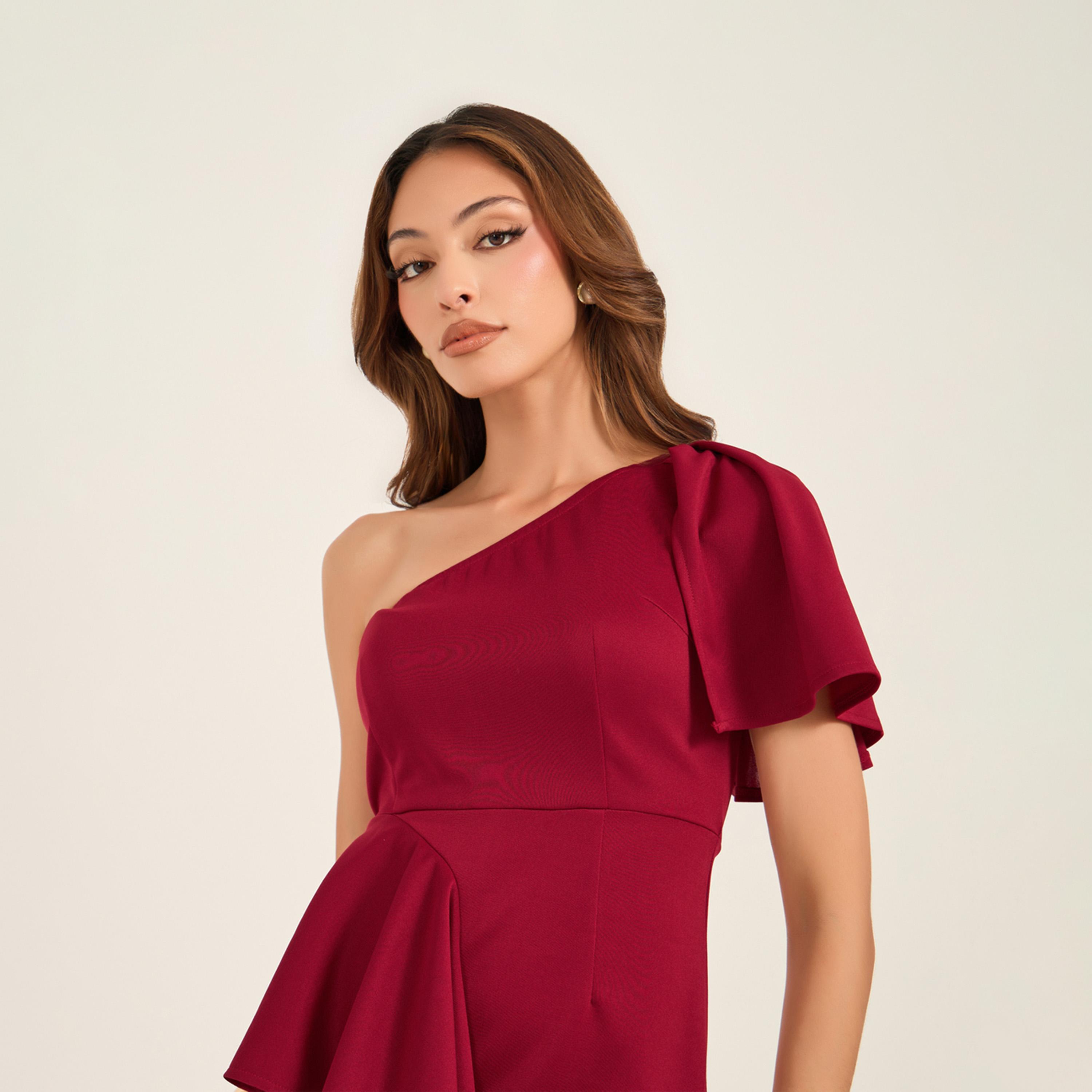 كي ال × ستايلي - فستان متوسط الطول بكتف واحد وتفاصيل كشكشة-women-clothing-dresses-image-4