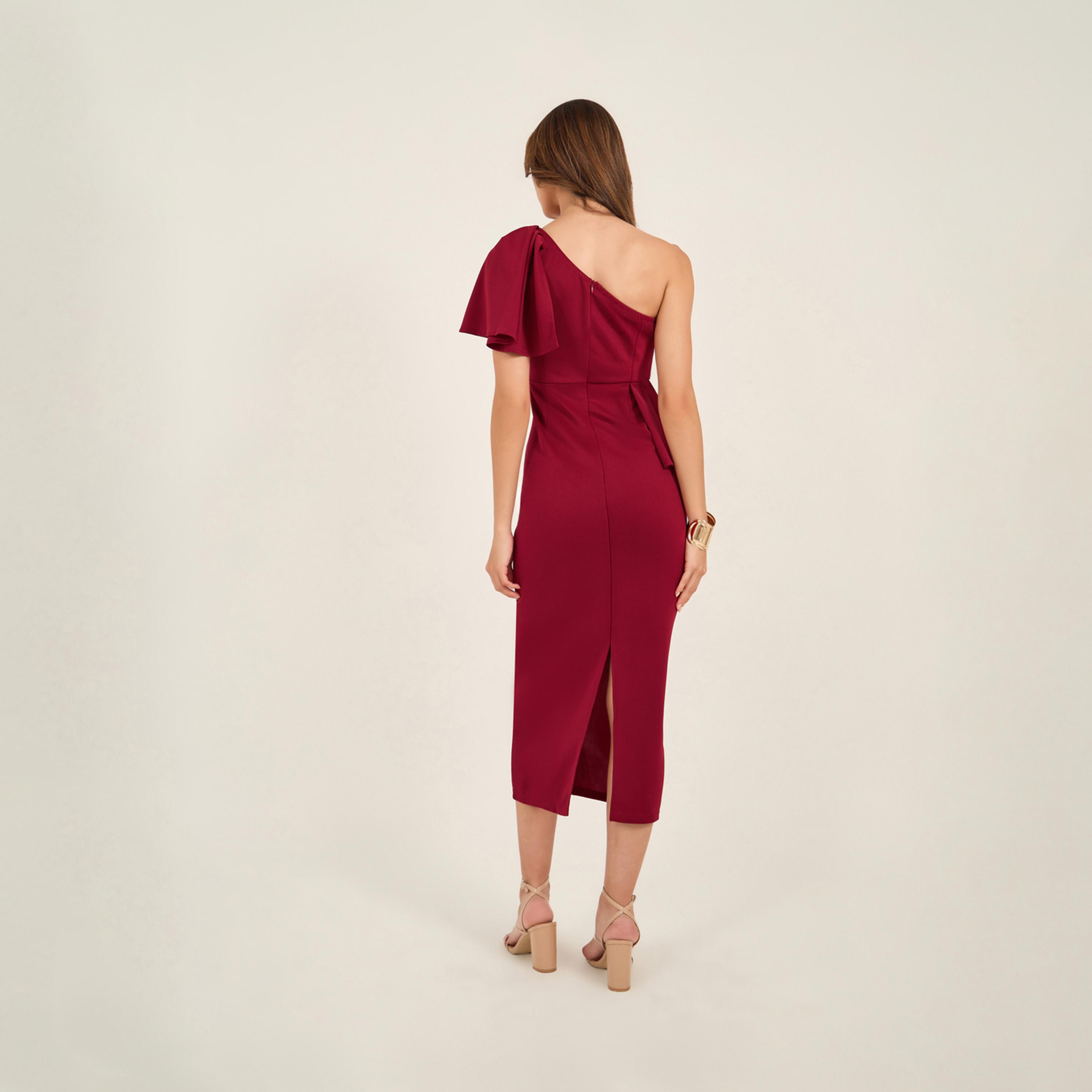 كي ال × ستايلي - فستان متوسط الطول بكتف واحد وتفاصيل كشكشة-women-clothing-dresses-image-6