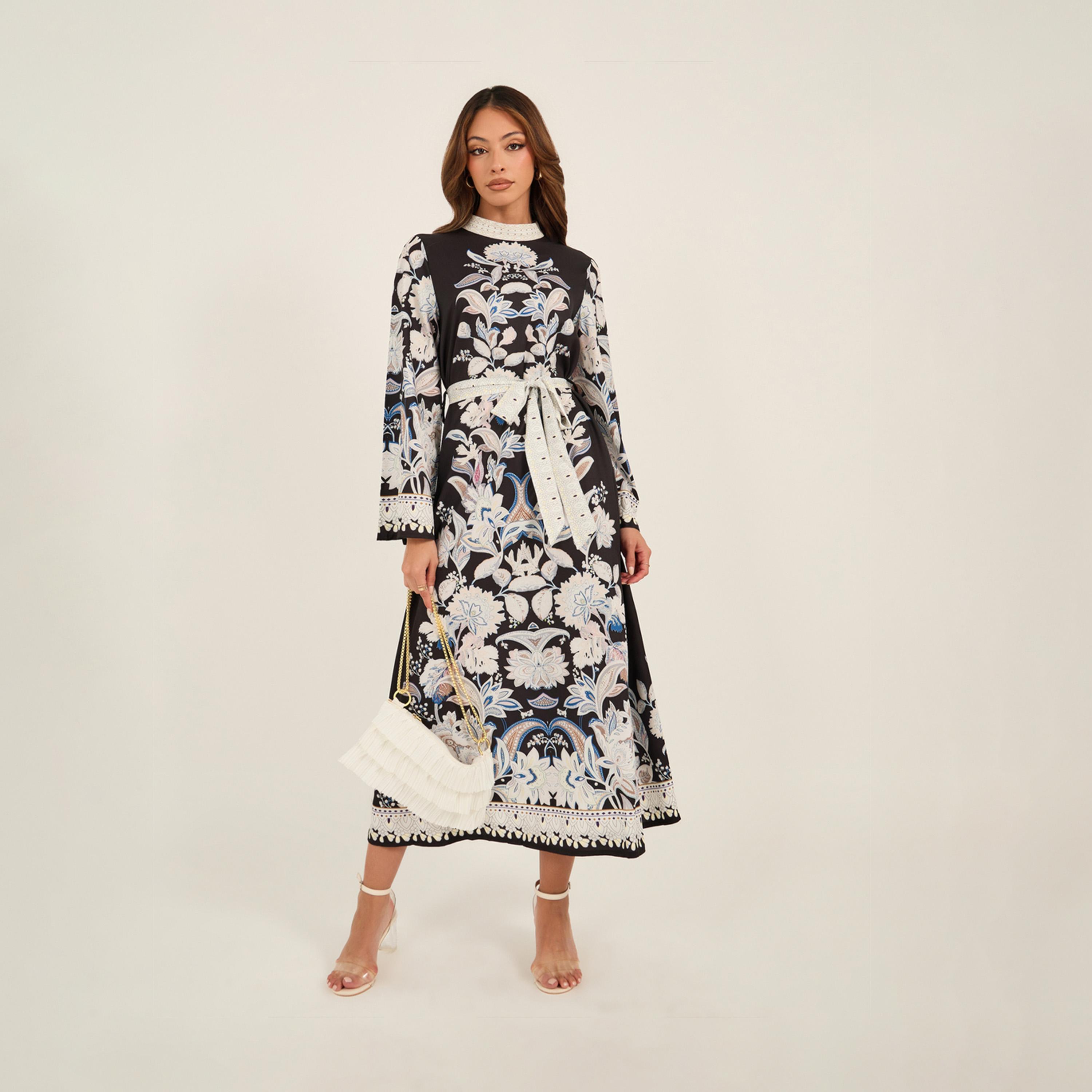 KL X Styli Floral Print High Neck Belted Midi Dress-women-clothing-dresses-image-1