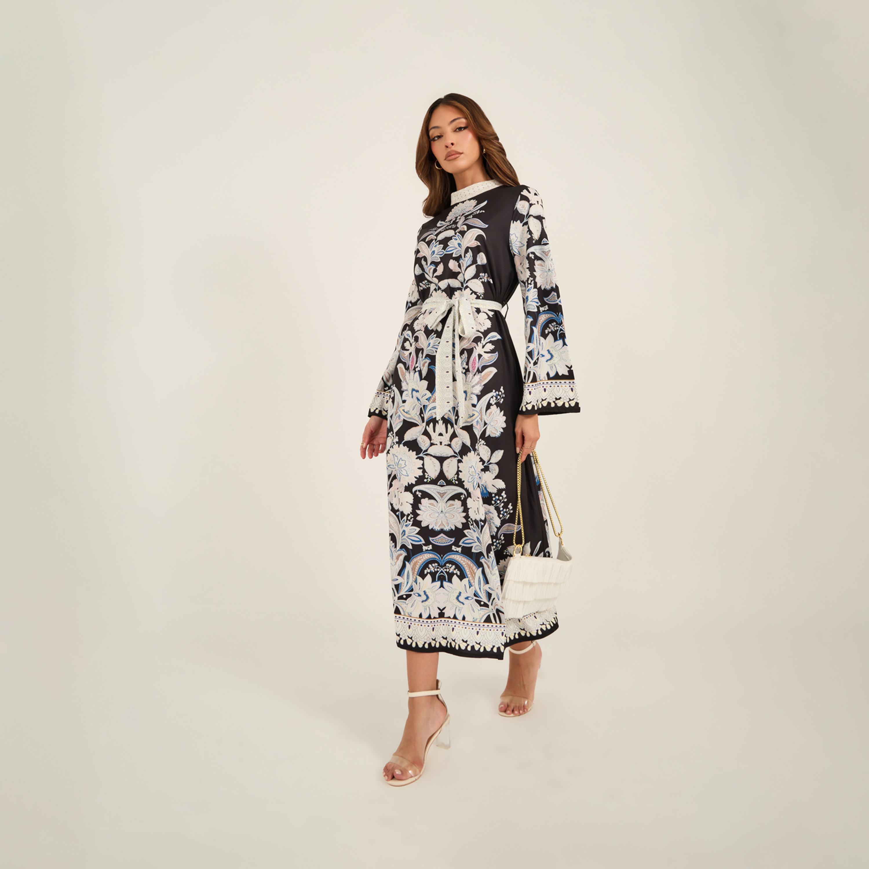 KL X Styli Floral Print High Neck Belted Midi Dress-women-clothing-dresses-image-2