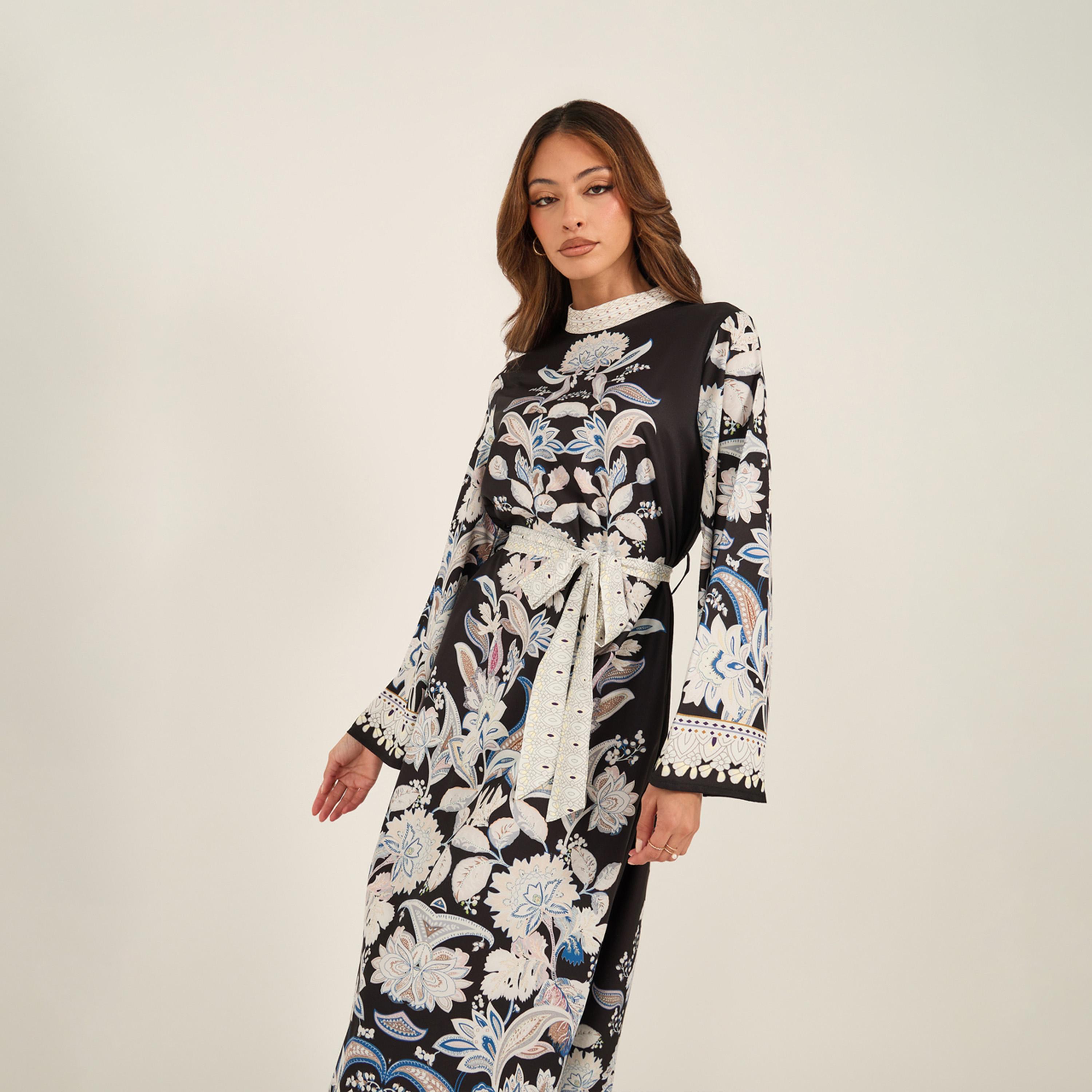 KL X Styli Floral Print High Neck Belted Midi Dress-women-clothing-dresses-image-3