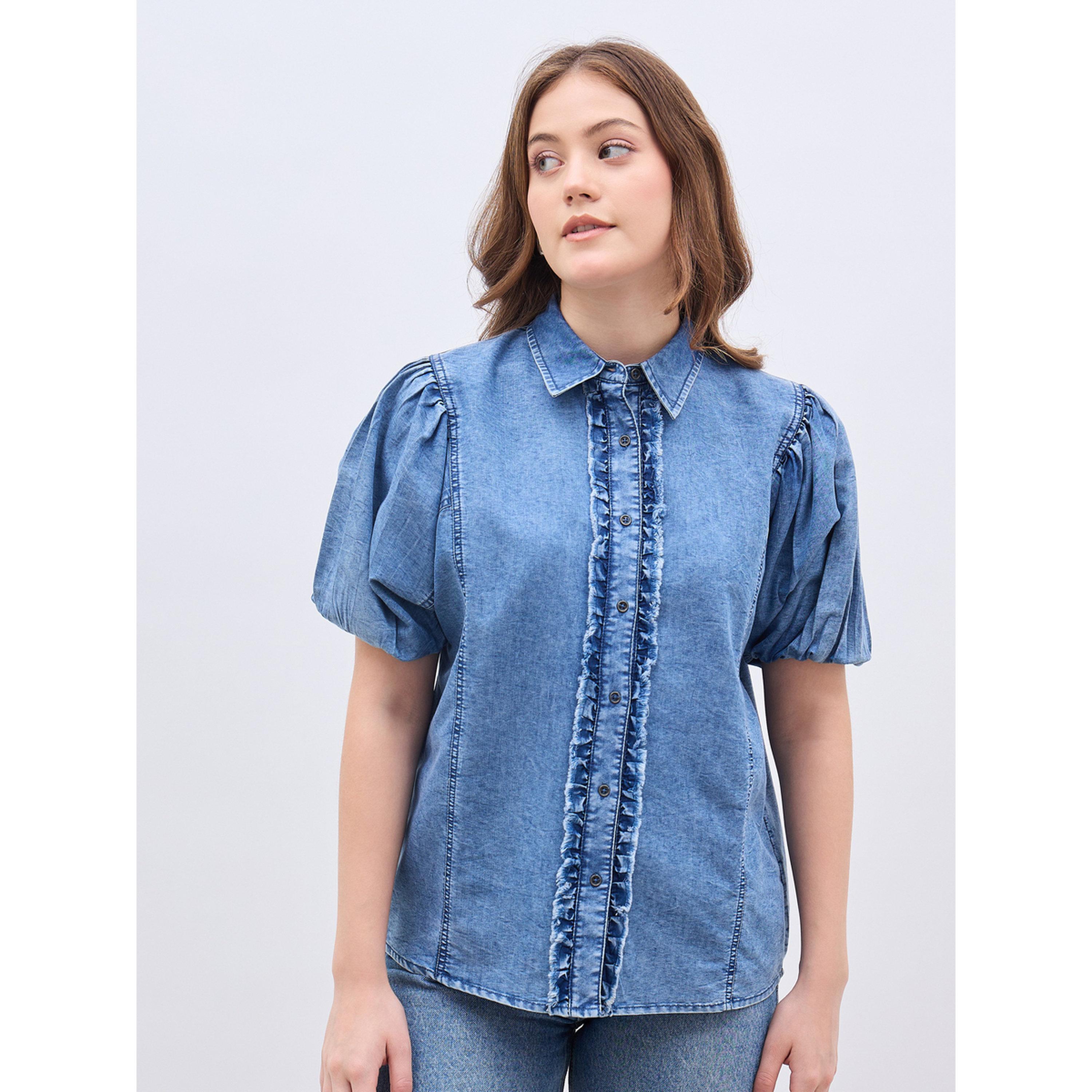 Styli Women Blue Denim Ruffle Shirt-women-clothing-shirtsandblouses-blouses-image-1