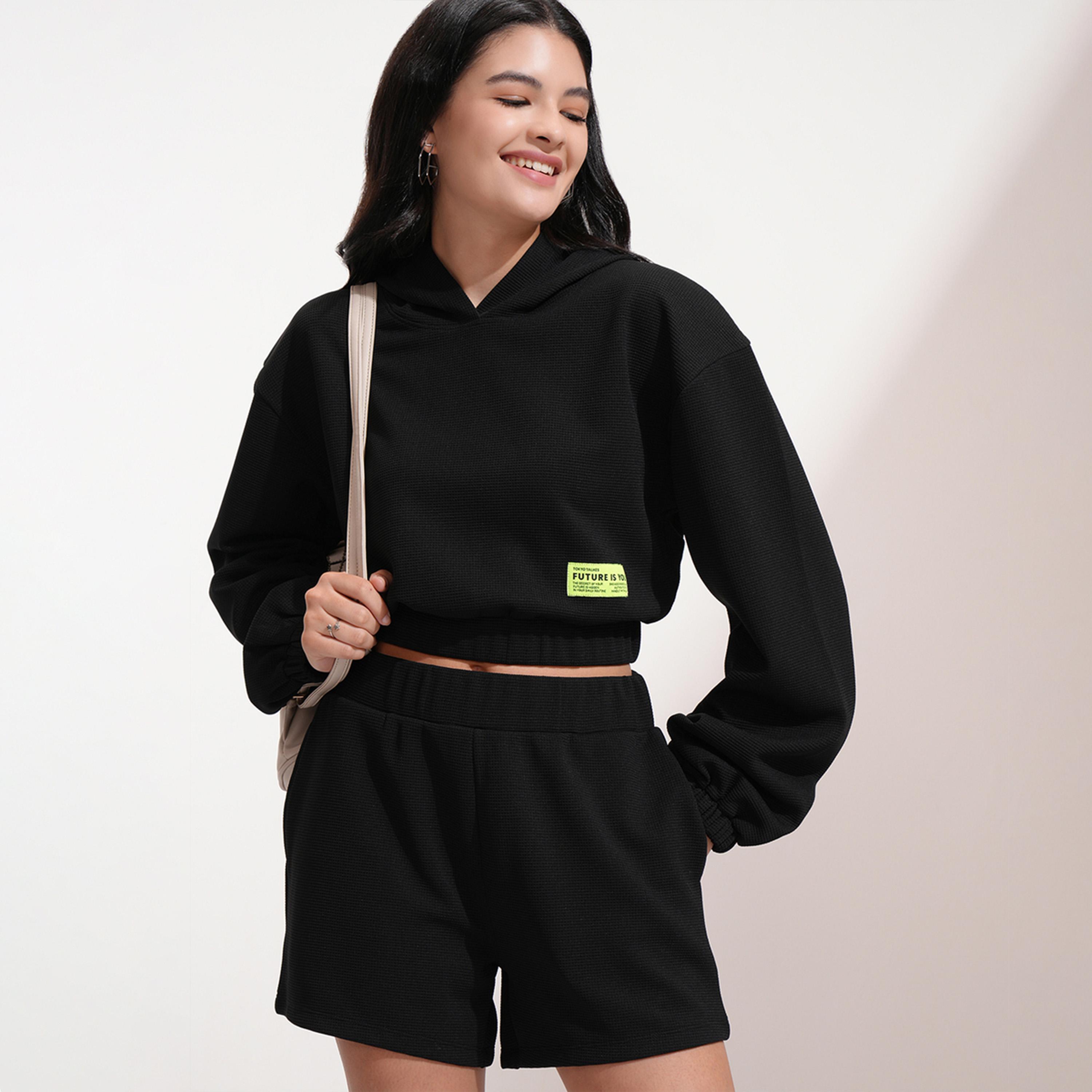 Tokyo Talkies X Styli Solid Hooded Neck Top With Patch Detail And Shorts Co-Ords-women-clothing-coordsets-image-1