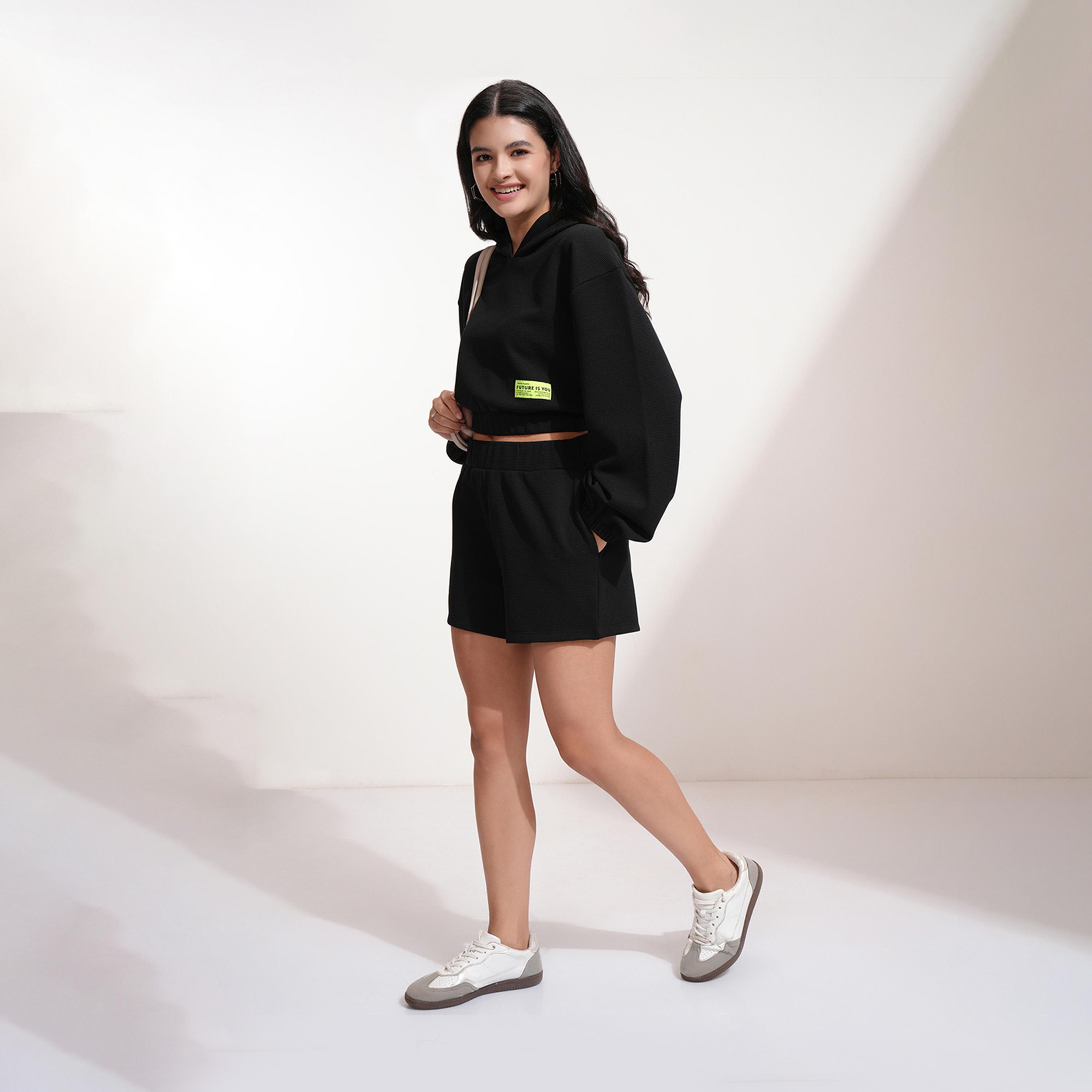 Tokyo Talkies X Styli Solid Hooded Neck Top With Patch Detail And Shorts Co-Ords-women-clothing-coordsets-image-2