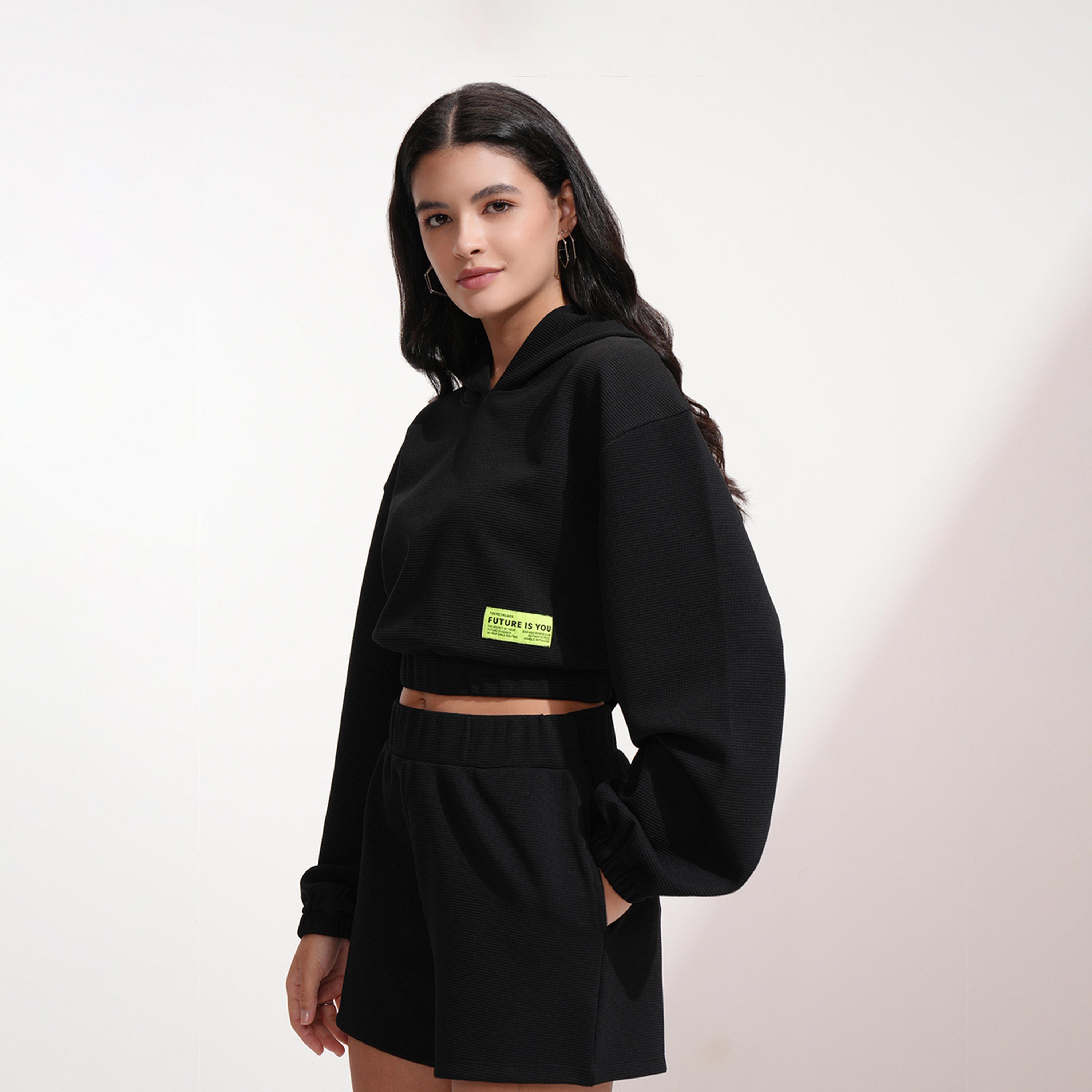 Tokyo Talkies X Styli Solid Hooded Neck Top With Patch Detail And Shorts Co-Ords-women-clothing-coordsets-image-3