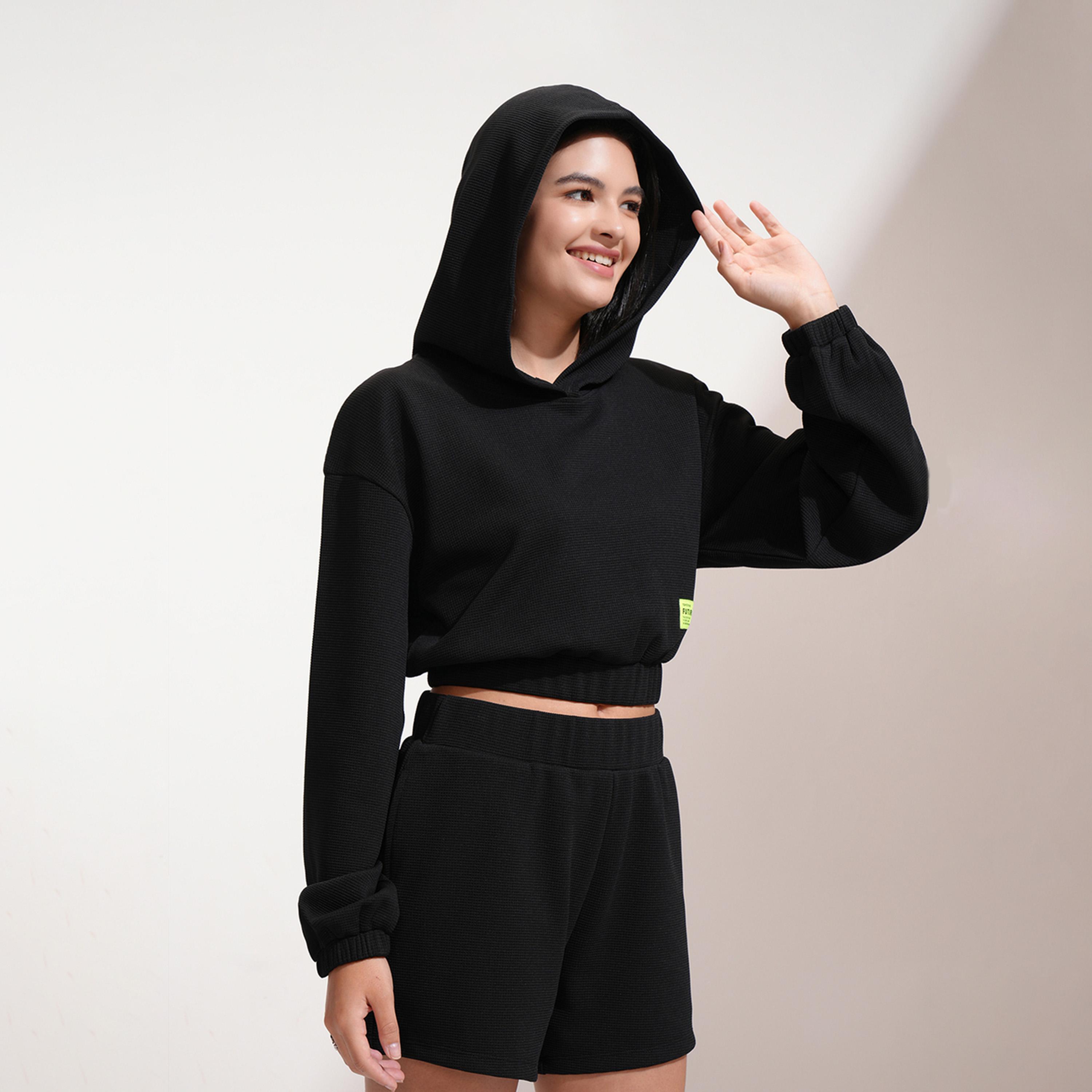 Tokyo Talkies X Styli Solid Hooded Neck Top With Patch Detail And Shorts Co-Ords-women-clothing-coordsets-image-4