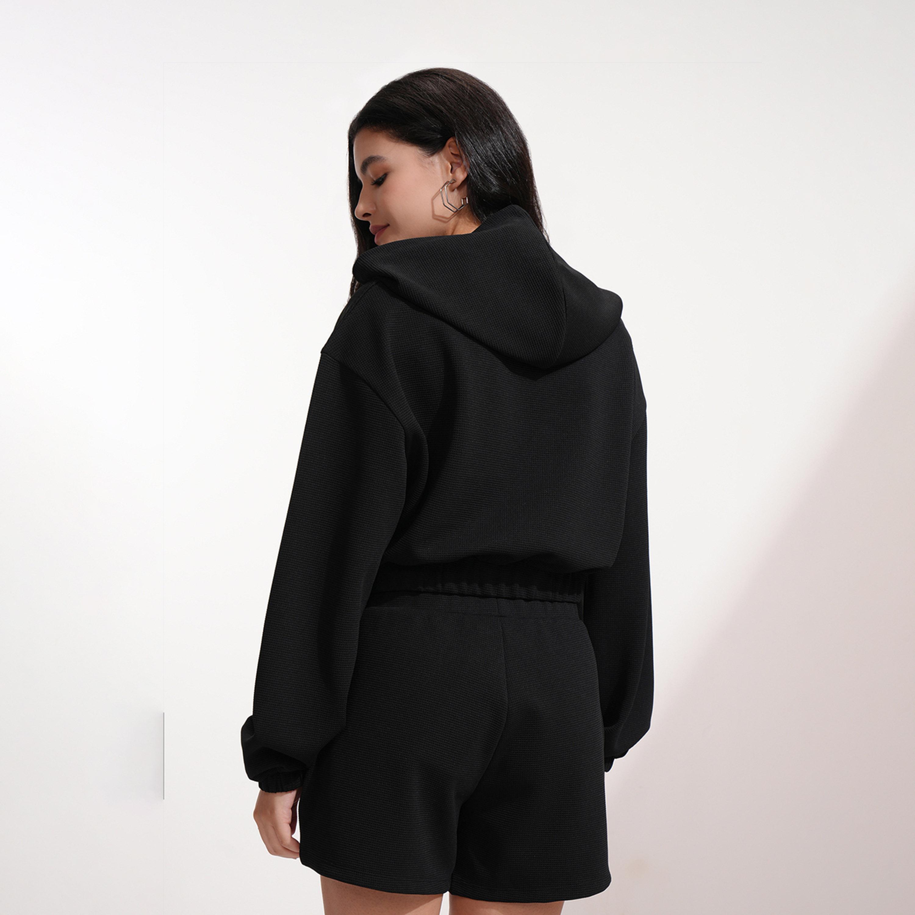Tokyo Talkies X Styli Solid Hooded Neck Top With Patch Detail And Shorts Co-Ords-women-clothing-coordsets-image-5