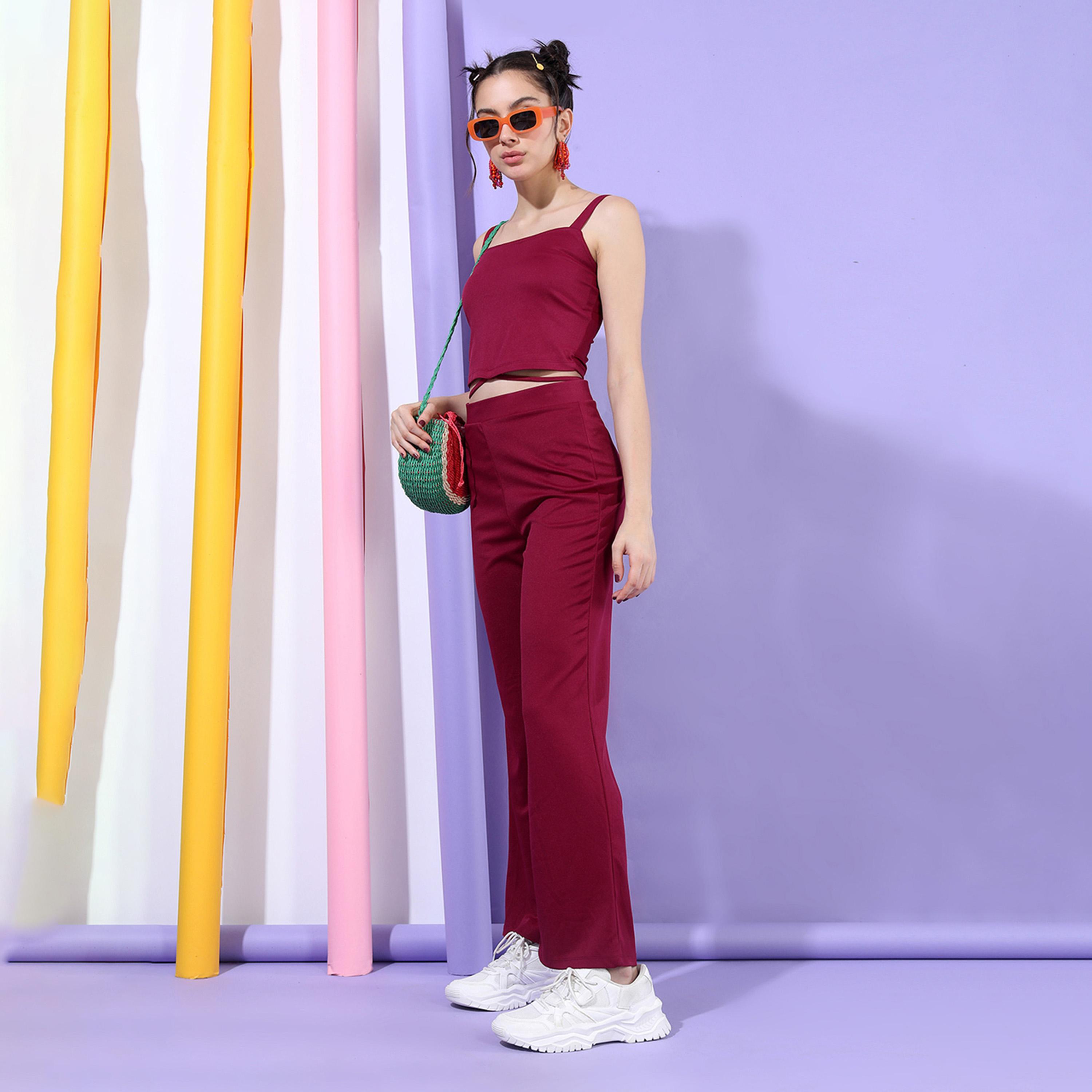 طوكيو توكيز - توب قصير سادة بأشرطة مع بنطلون بخصر مرتفع-women-clothing-coordsets-image-1