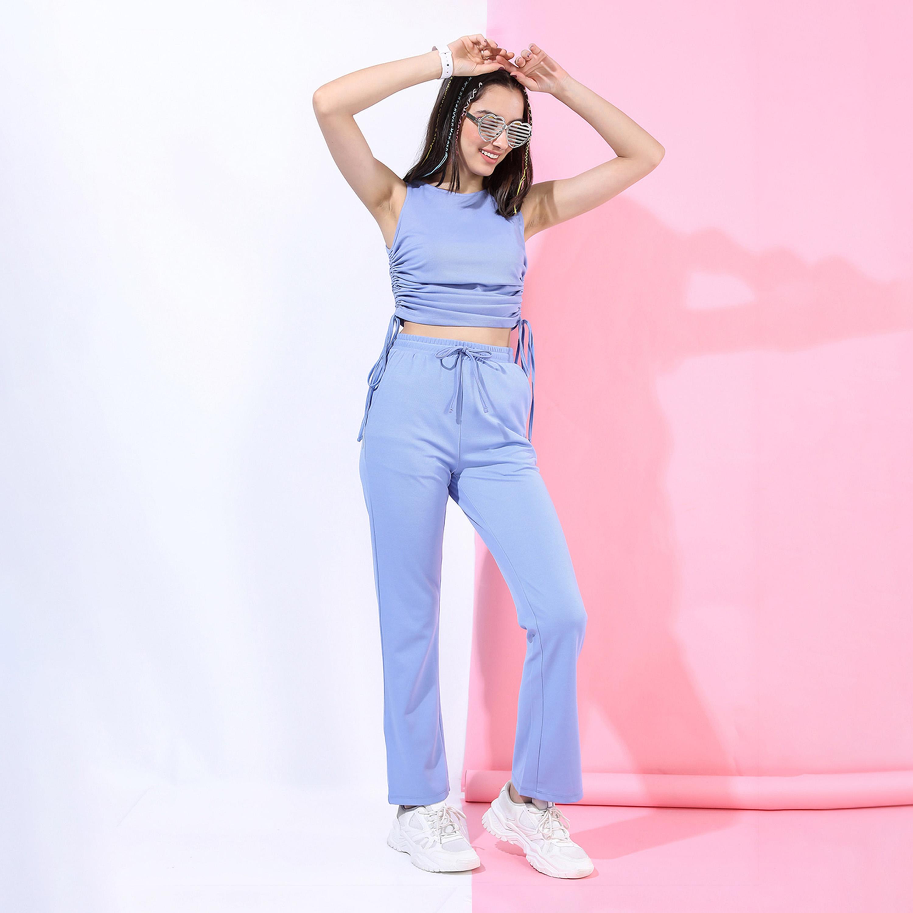 طوكيو توكيز - طقم بلوزة سادة قصيرة بدون أكمام بتفاصيل مكشكشة مع بنطلون متناسق-women-clothing-coordsets-image-1