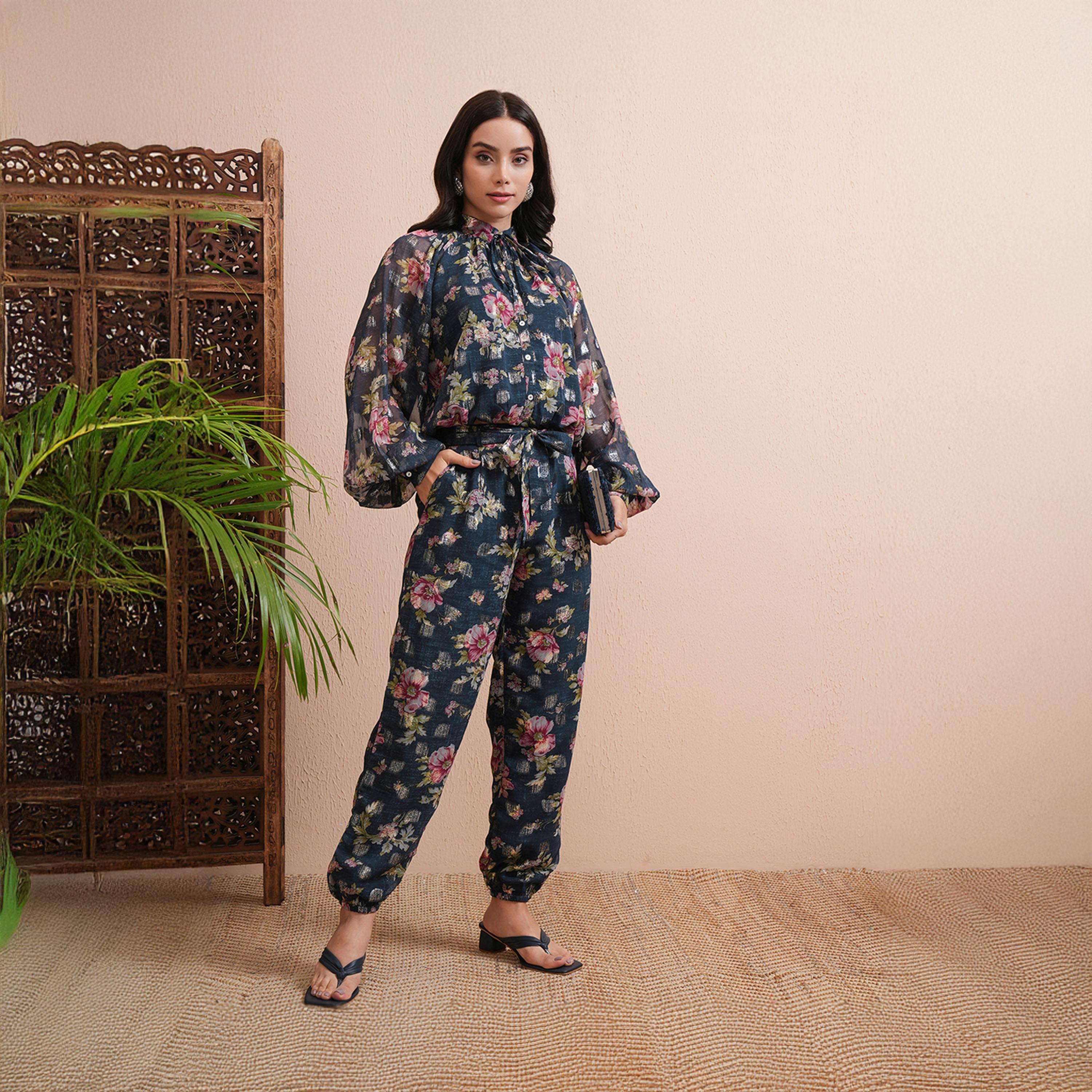 Vishudh X Styli All-Over Floral Print Balloon Sleeve Top With Joggers Co-Ords-women-clothing-coordsets-image-2