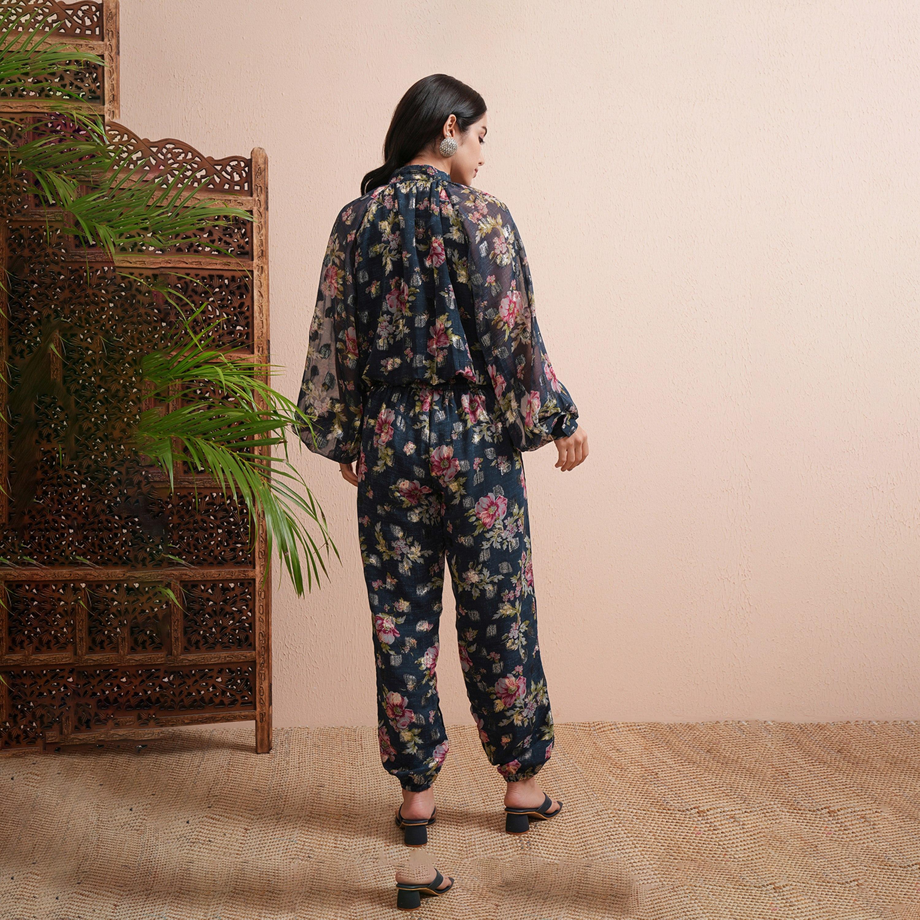 Vishudh X Styli All-Over Floral Print Balloon Sleeve Top With Joggers Co-Ords-women-clothing-coordsets-image-3