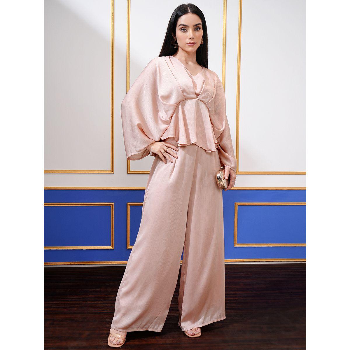 طقم منسق من بنطال بالازو مع بلوزة بيبلوم بكسرات فيشود × ستايلي-women-clothing-coordsets-image-1