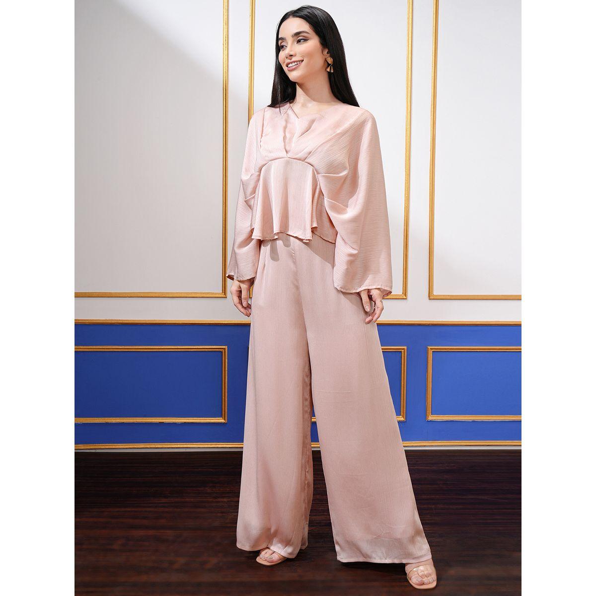 طقم منسق من بنطال بالازو مع بلوزة بيبلوم بكسرات فيشود × ستايلي-women-clothing-coordsets-image-2