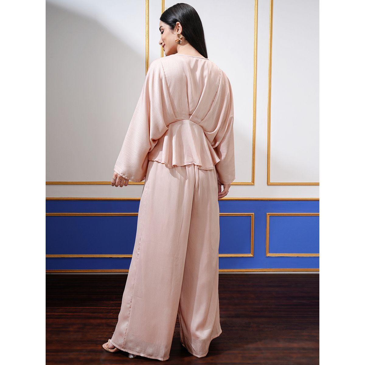طقم منسق من بنطال بالازو مع بلوزة بيبلوم بكسرات فيشود × ستايلي-women-clothing-coordsets-image-3