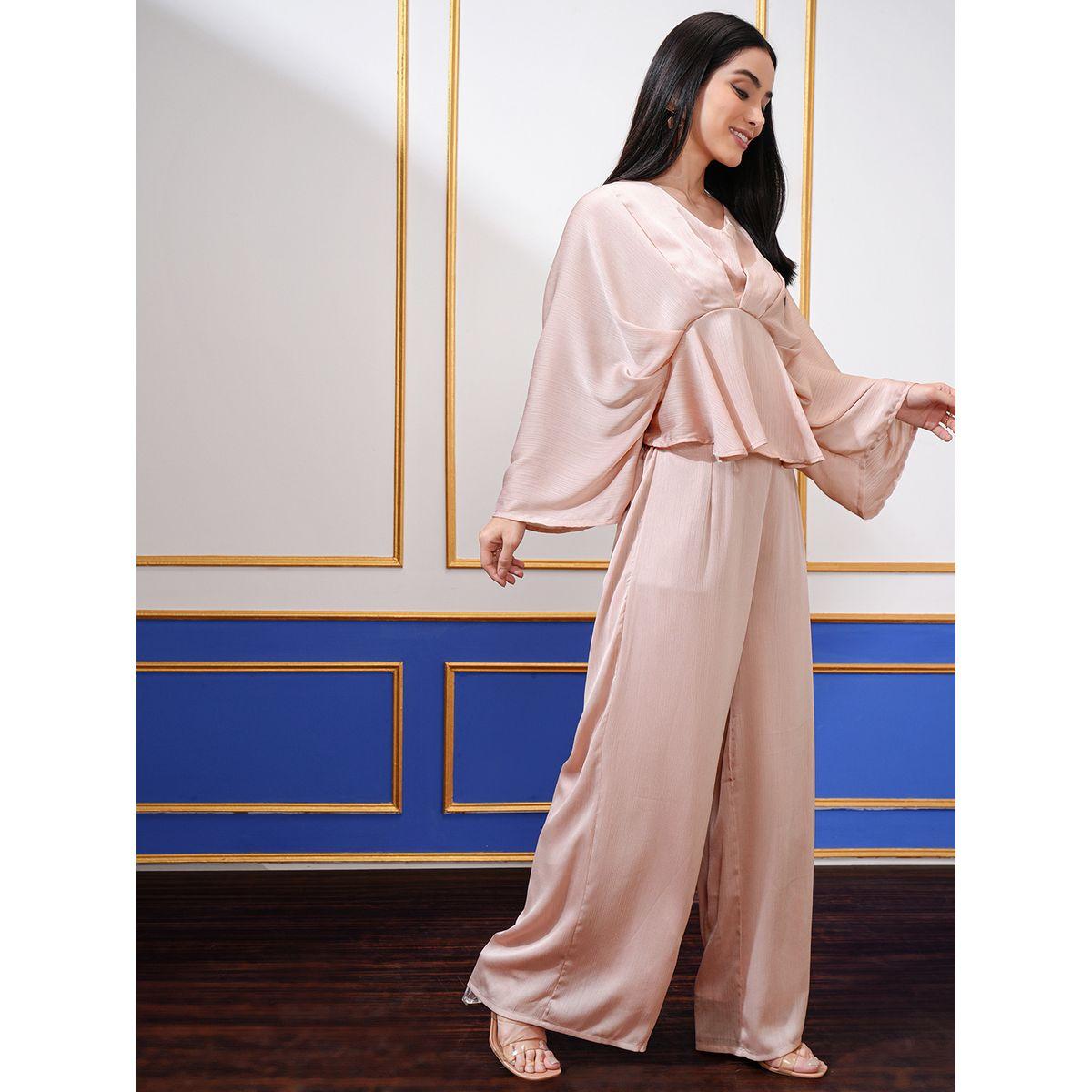 طقم منسق من بنطال بالازو مع بلوزة بيبلوم بكسرات فيشود × ستايلي-women-clothing-coordsets-image-4