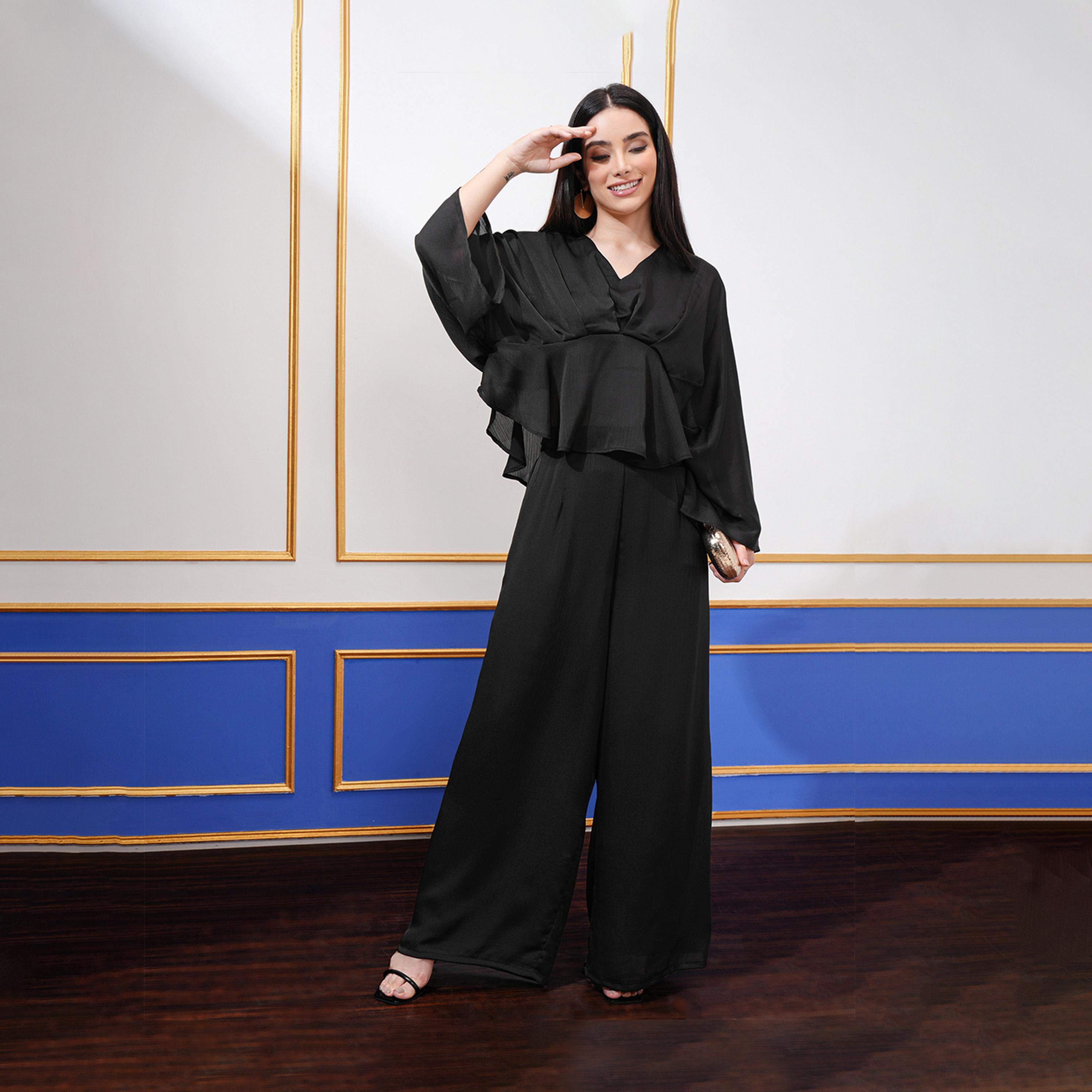 فيشود × ستايلي - طقم سترة برقبة على شكل V وأكمام جناح الخفاش مع بنطال بالازو-women-clothing-coordsets-image-1