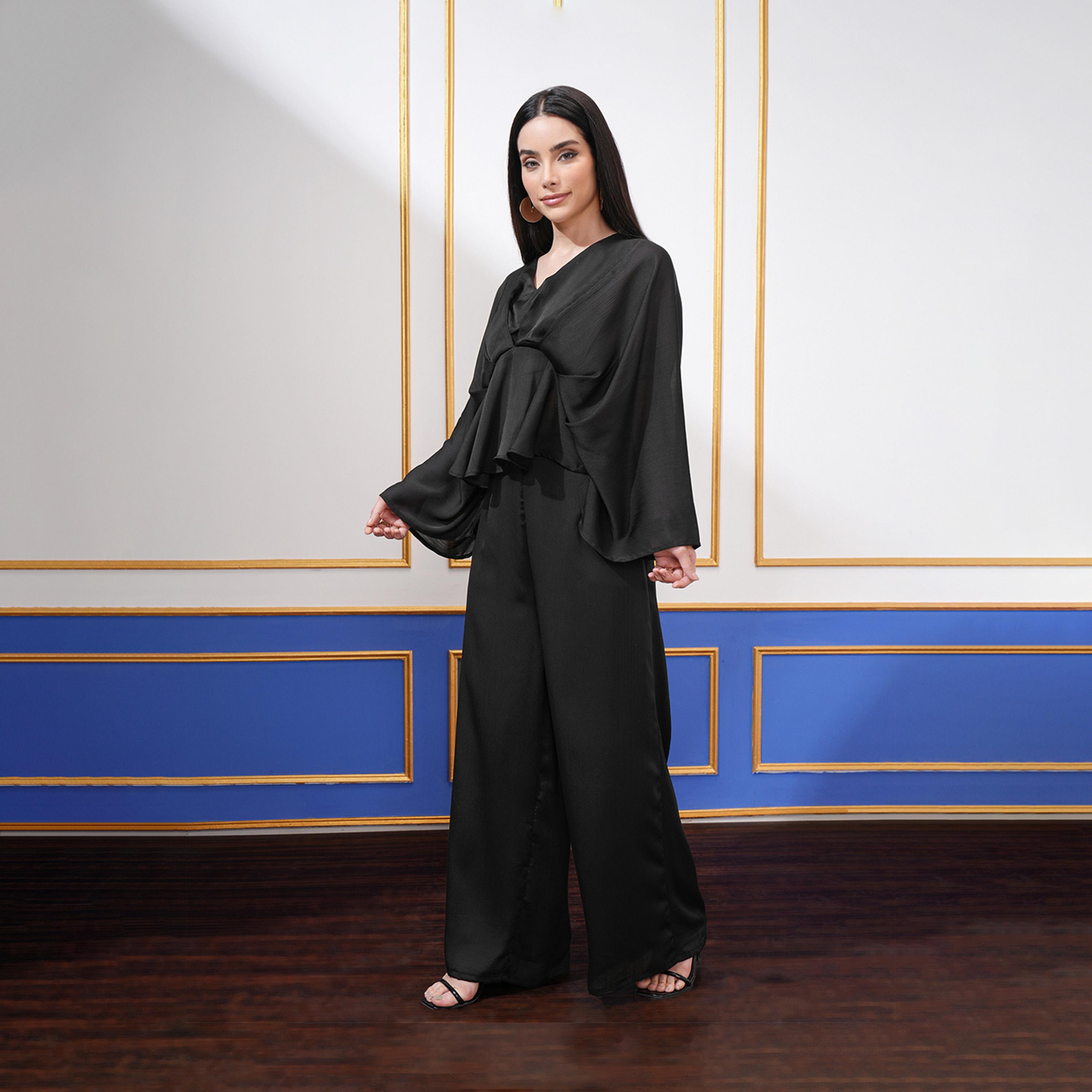 فيشود × ستايلي - طقم سترة برقبة على شكل V وأكمام جناح الخفاش مع بنطال بالازو-women-clothing-coordsets-image-2