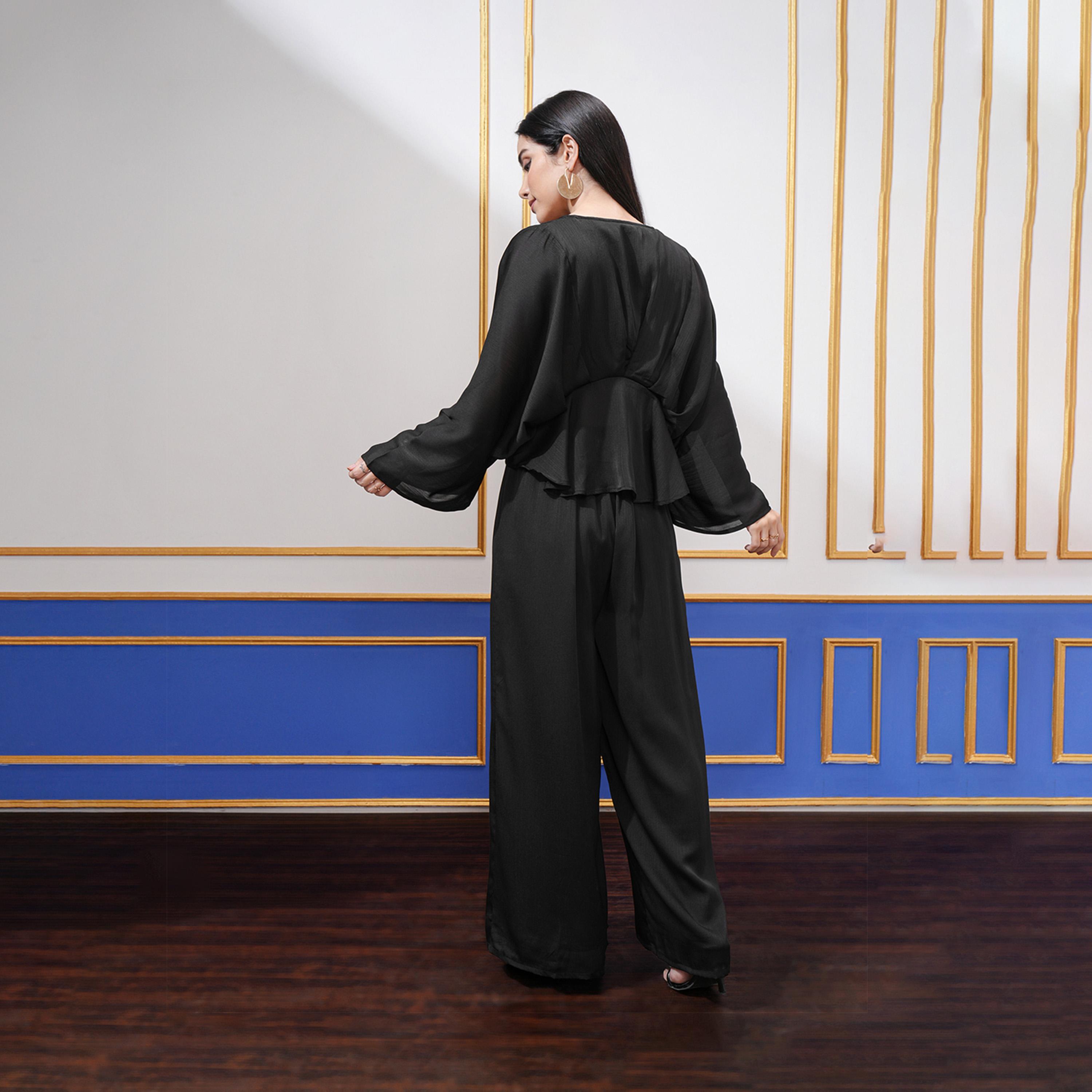 فيشود × ستايلي - طقم سترة برقبة على شكل V وأكمام جناح الخفاش مع بنطال بالازو-women-clothing-coordsets-image-3