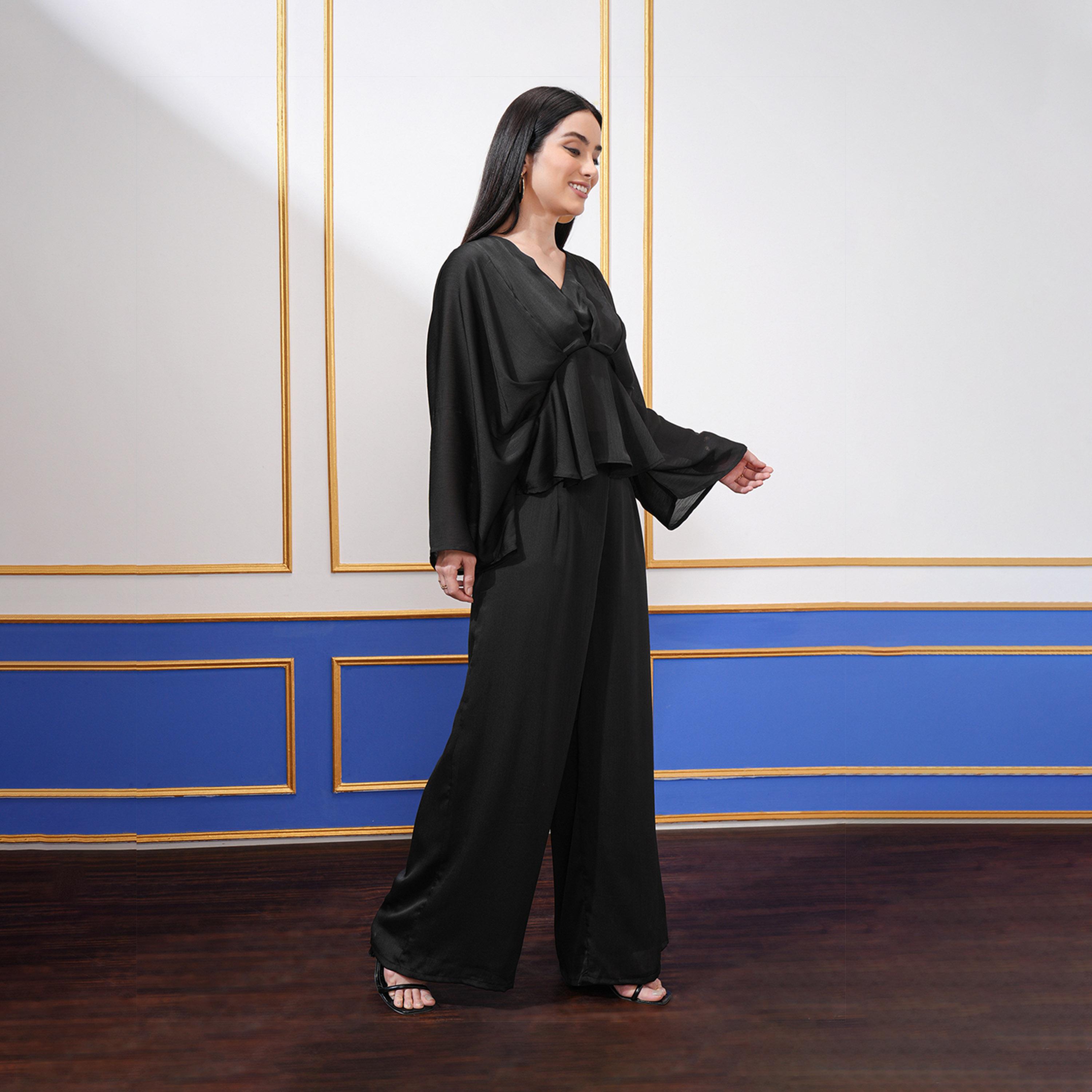فيشود × ستايلي - طقم سترة برقبة على شكل V وأكمام جناح الخفاش مع بنطال بالازو-women-clothing-coordsets-image-4