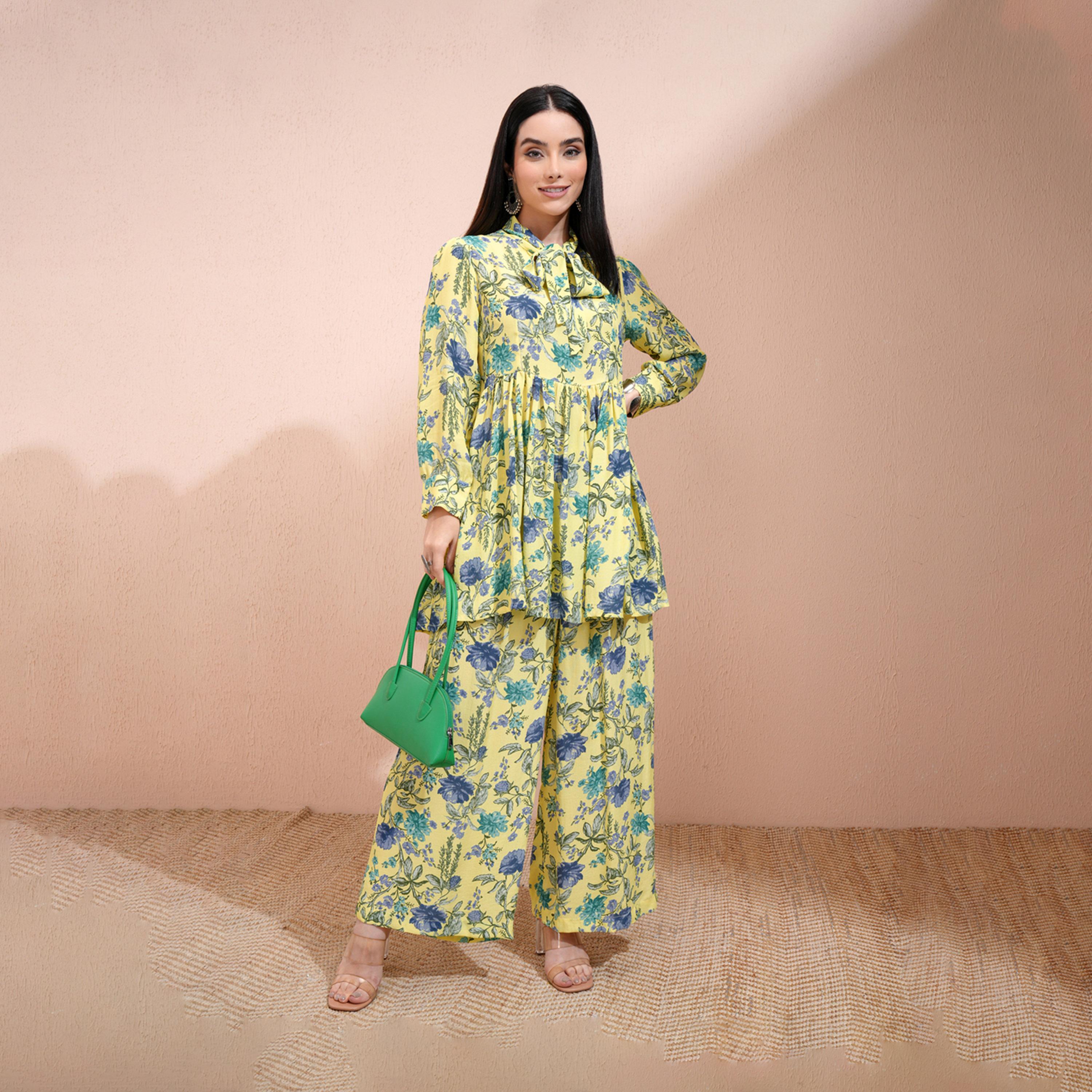 Vishudh X Styli All-Over Floral Print Tie-Up Neck Longline Tunic With Palazzo Pants Set-women-clothing-coordsets-image-1