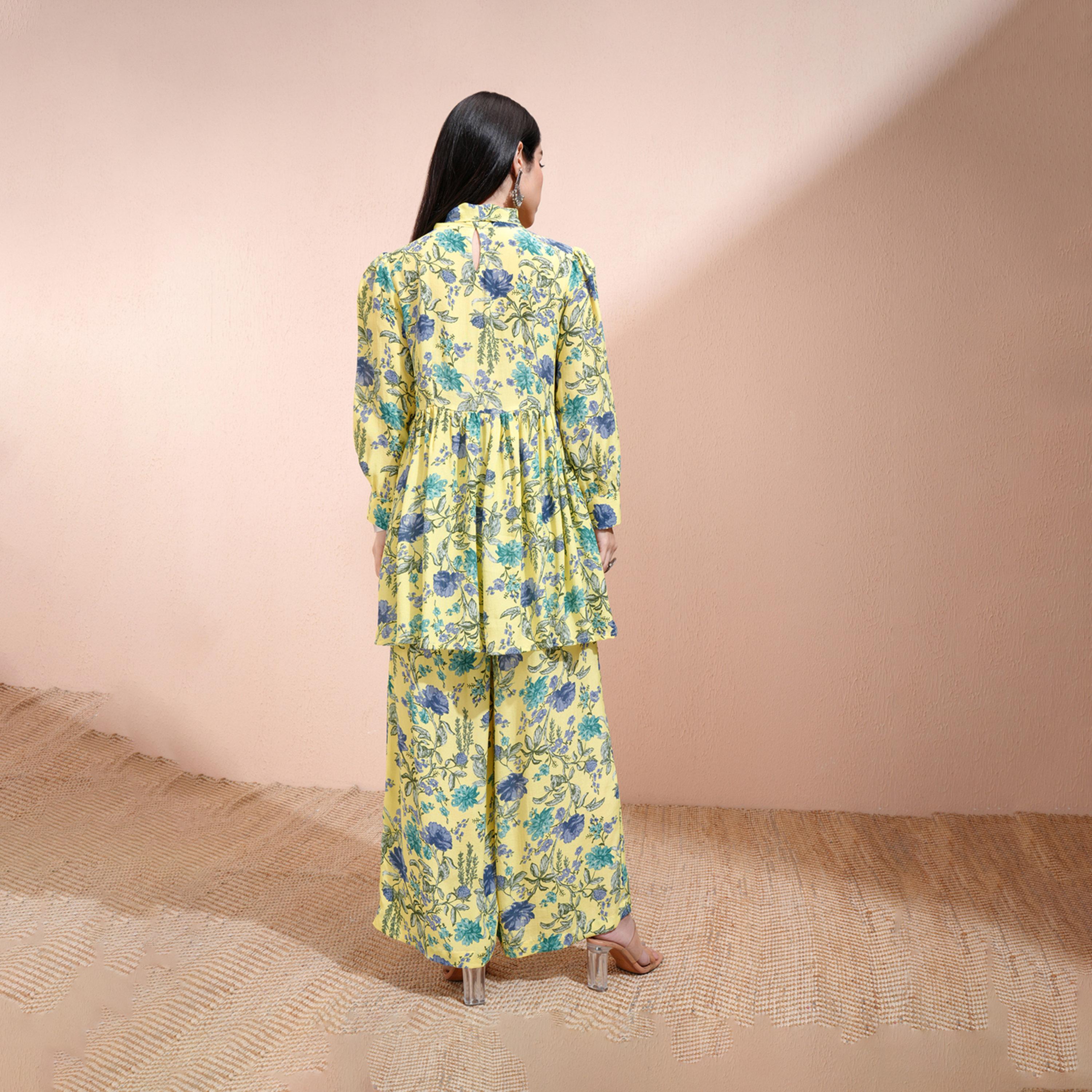 Vishudh X Styli All-Over Floral Print Tie-Up Neck Longline Tunic With Palazzo Pants Set-women-clothing-coordsets-image-2