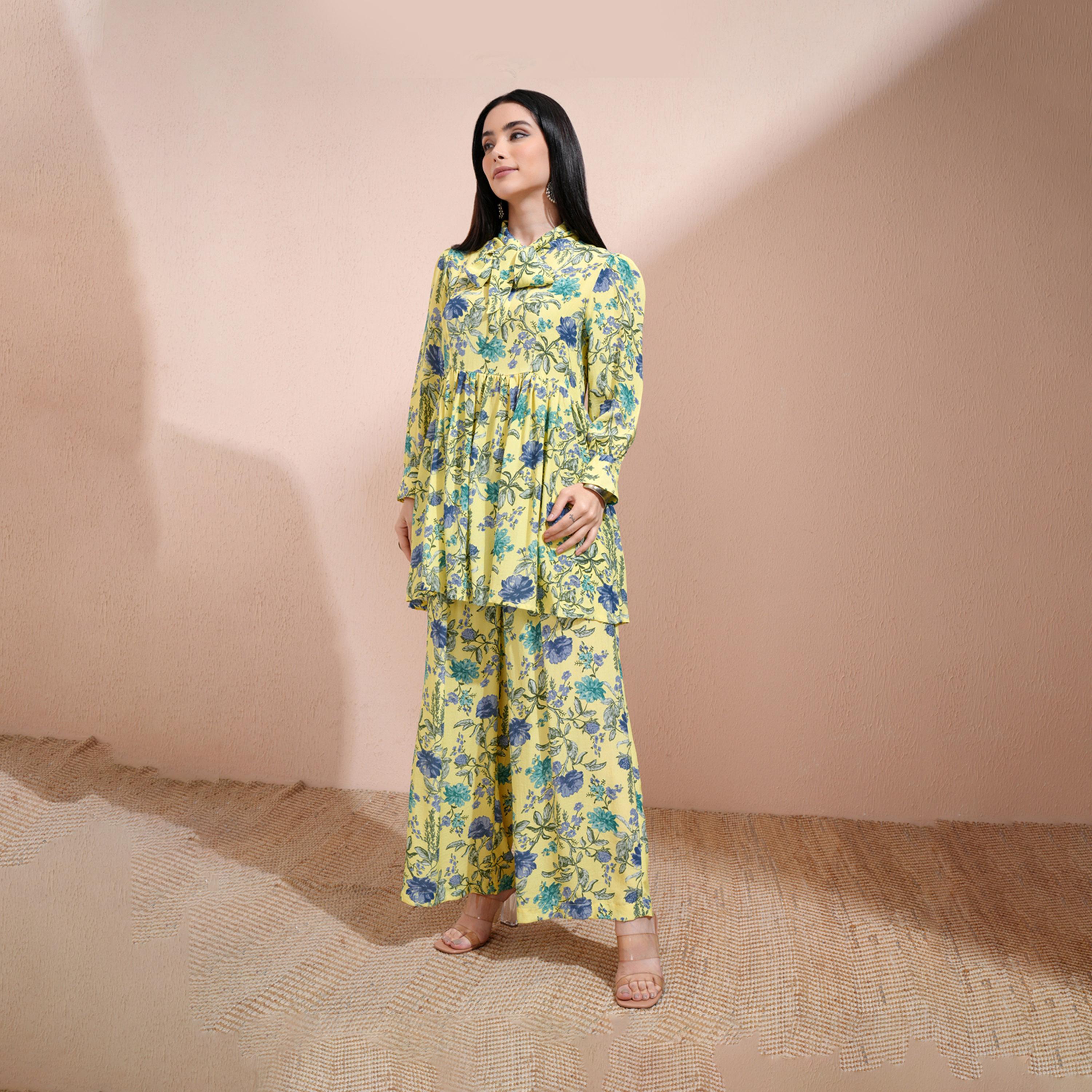 Vishudh X Styli All-Over Floral Print Tie-Up Neck Longline Tunic With Palazzo Pants Set-women-clothing-coordsets-image-3