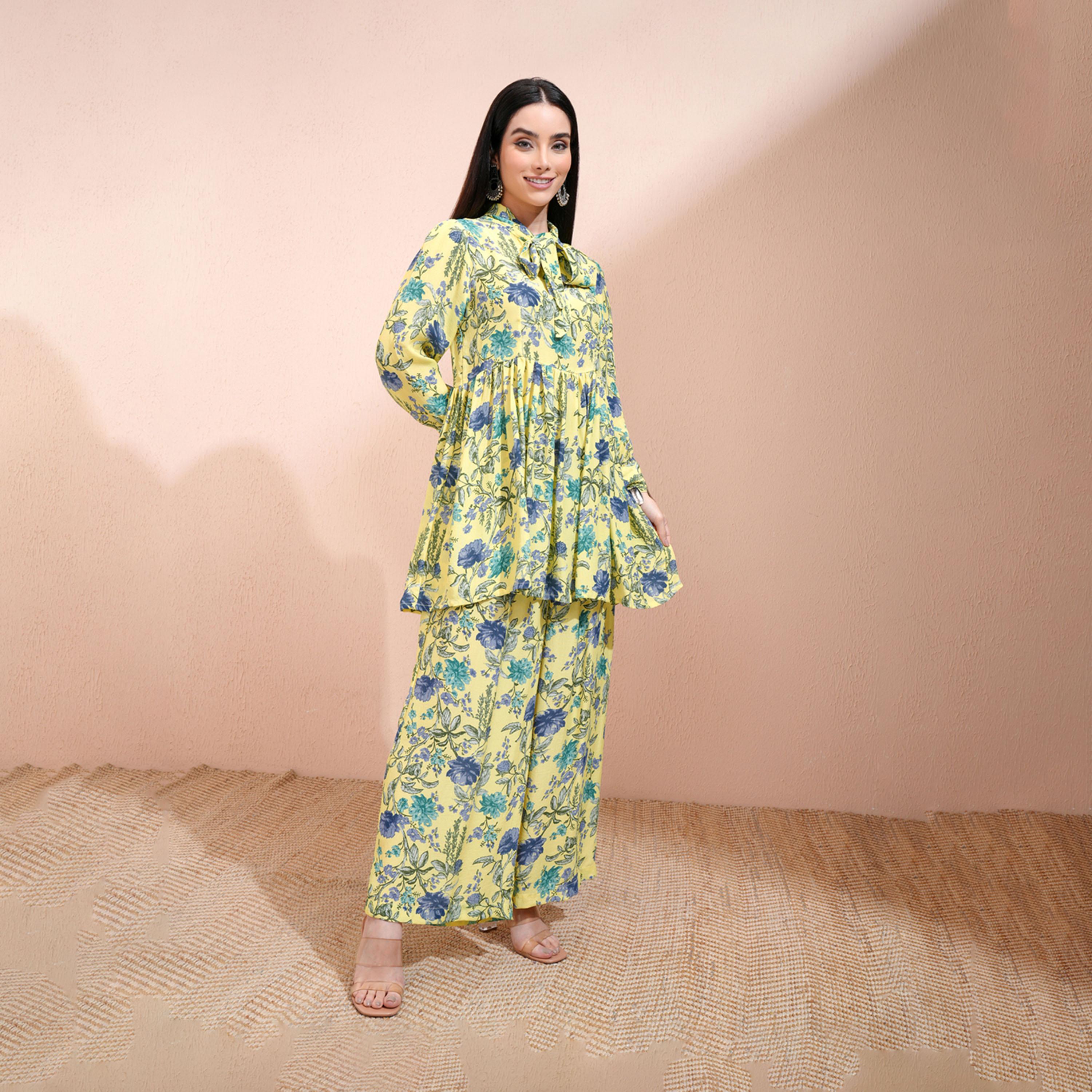 Vishudh X Styli All-Over Floral Print Tie-Up Neck Longline Tunic With Palazzo Pants Set-women-clothing-coordsets-image-5