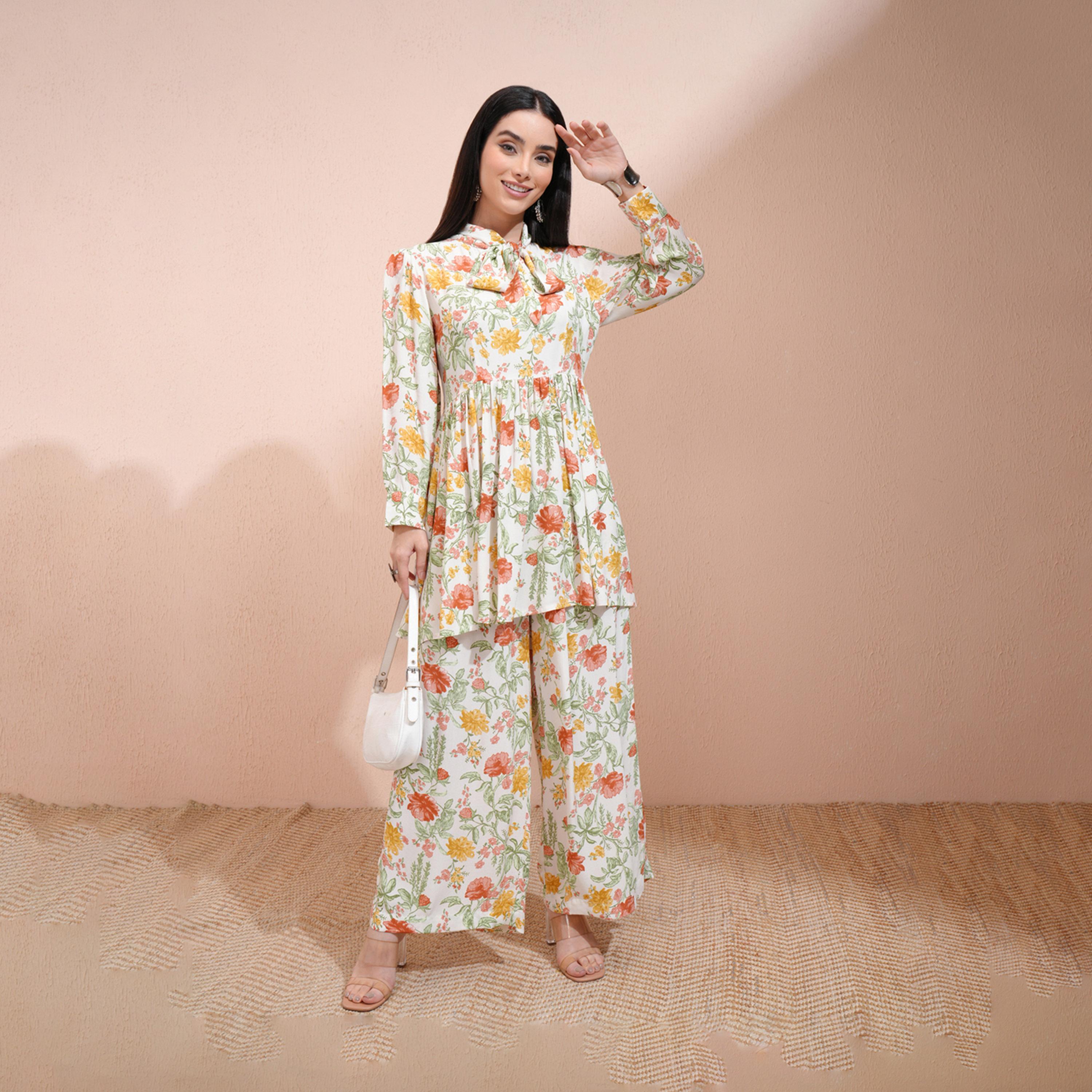 Vishudh X Styli All-Over Floral Print Tie-Up Neck Longline Tunic With Palazzo Pants Set-women-clothing-coordsets-image-1