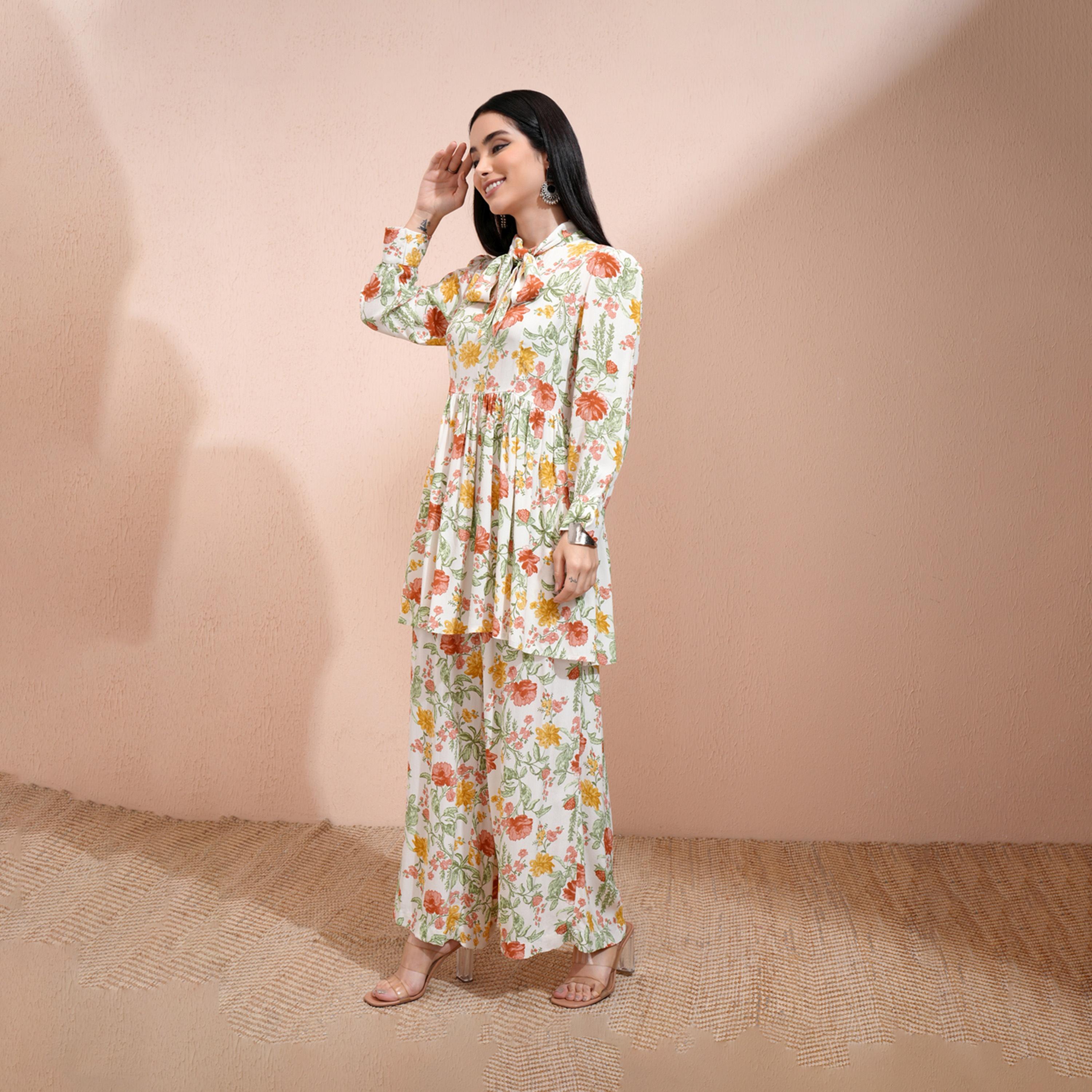 Vishudh X Styli All-Over Floral Print Tie-Up Neck Longline Tunic With Palazzo Pants Set-women-clothing-coordsets-image-3