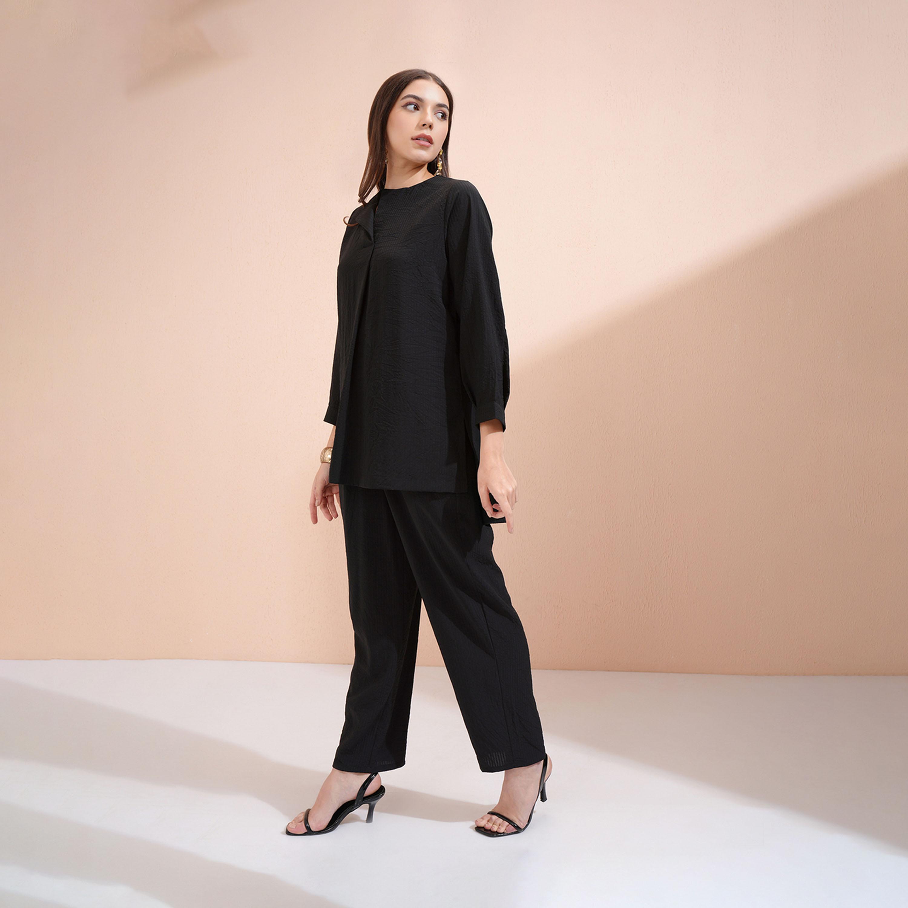 فيشود × ستايلي - طقم سترة طويلة ذات رقبة مستديرة مع بنطال بخصر متوسط الارتفاع-women-clothing-coordsets-image-1