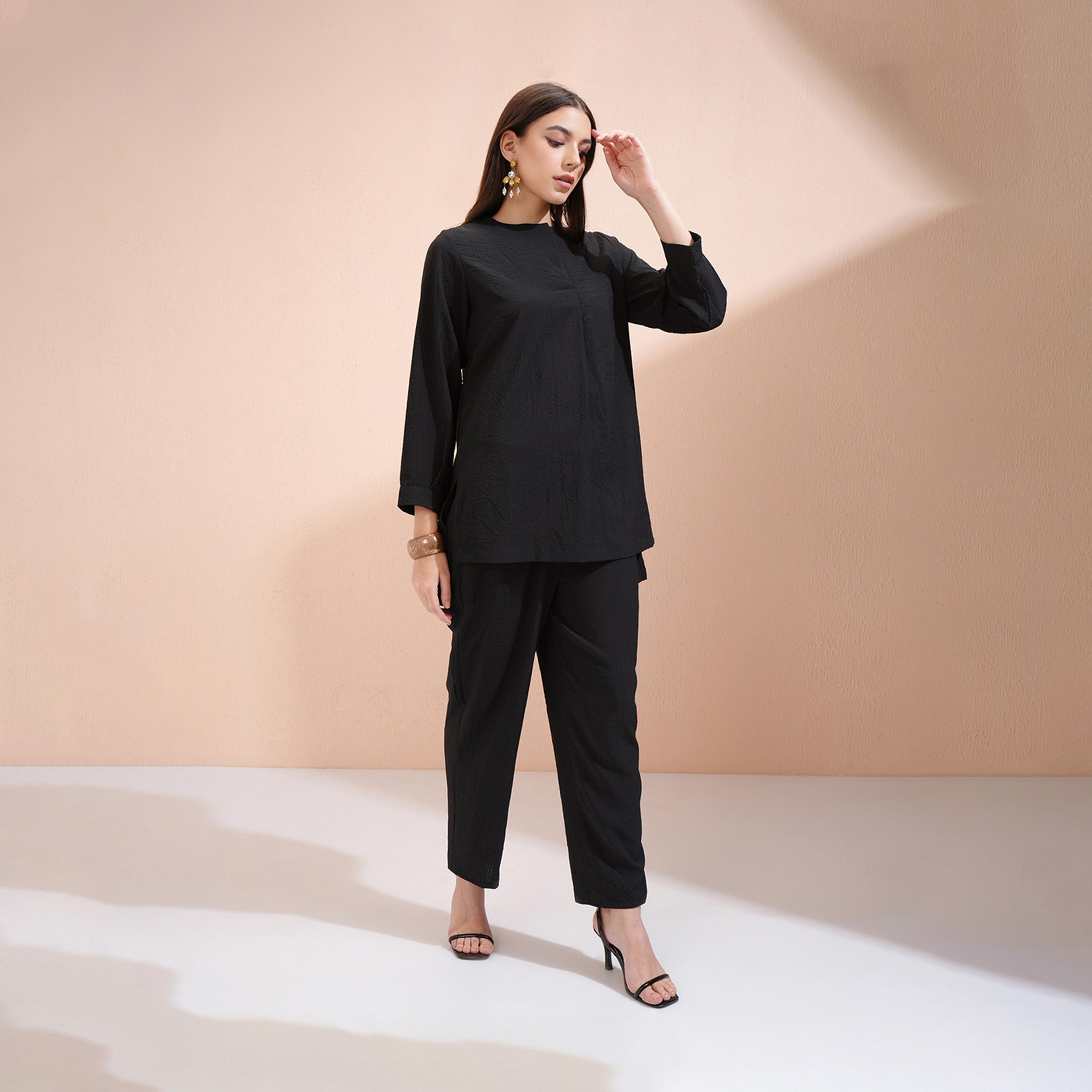 فيشود × ستايلي - طقم سترة طويلة ذات رقبة مستديرة مع بنطال بخصر متوسط الارتفاع-women-clothing-coordsets-image-3