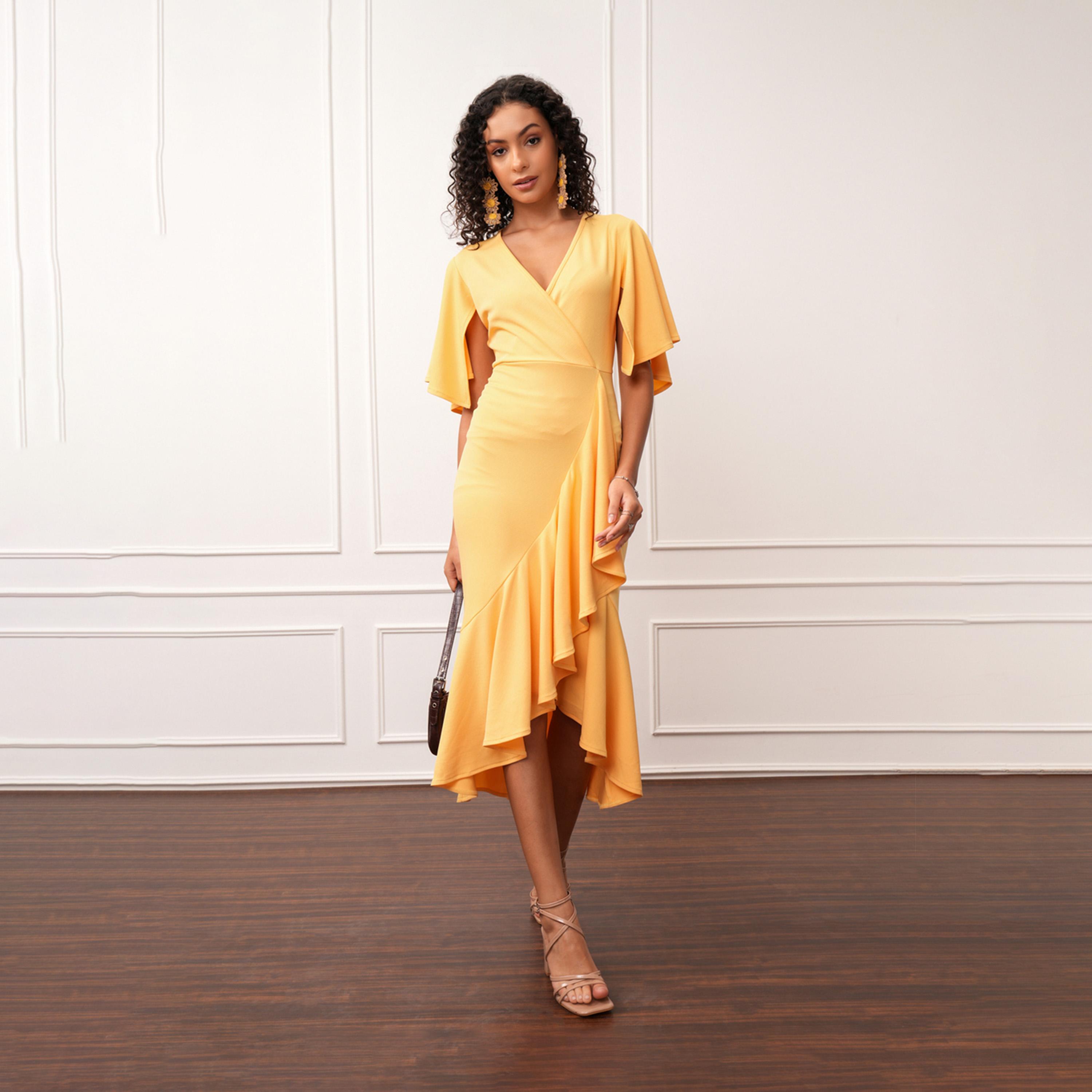 Tokyo Talkies X Styli Solid Asymmetrical Hem Ruffled V-Neck Midi Dress-women-clothing-dresses-image-2