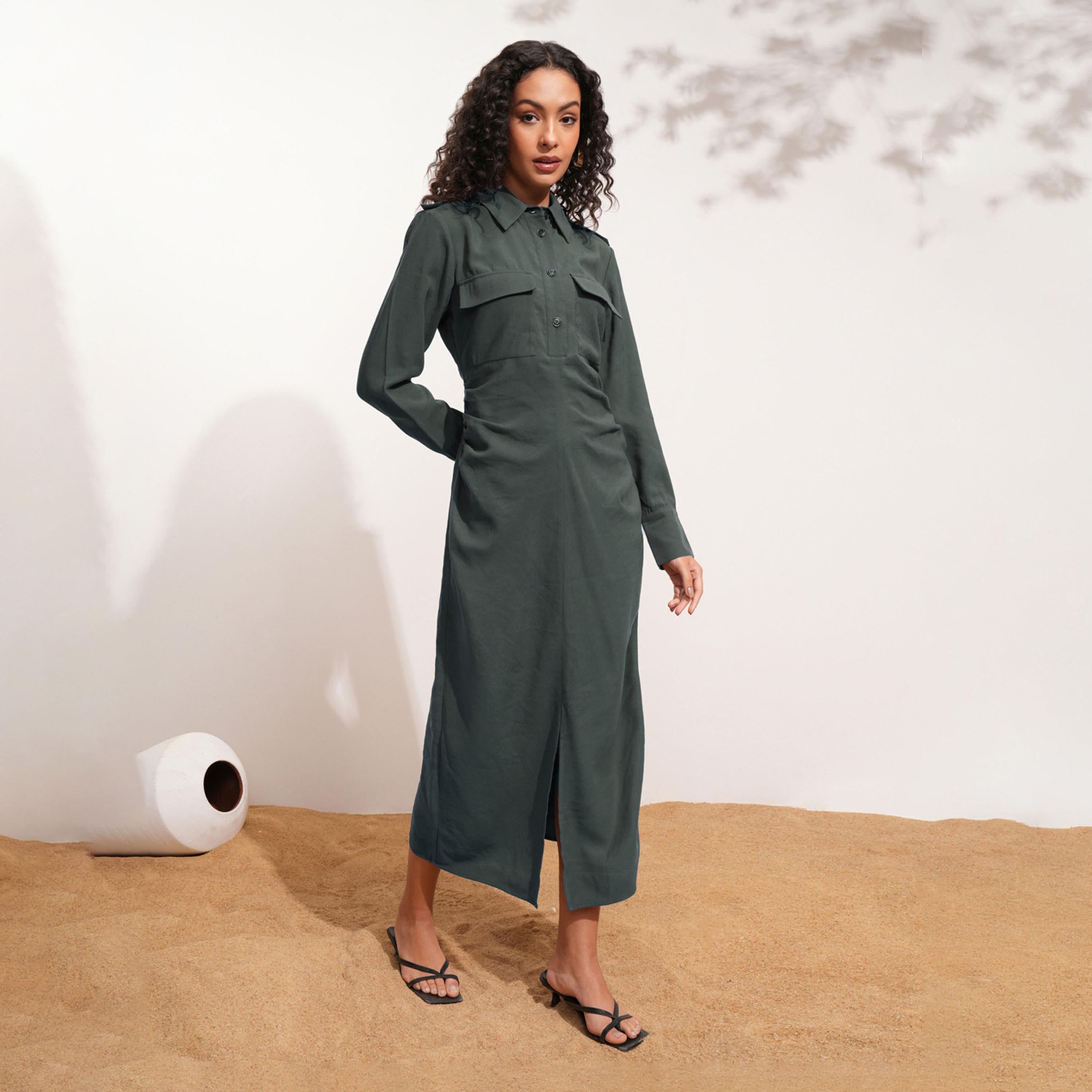 Tokyo Talkies X Styli Solid Collared Shirt Midi Dress With Front Slit Detail-women-clothing-dresses-image-1