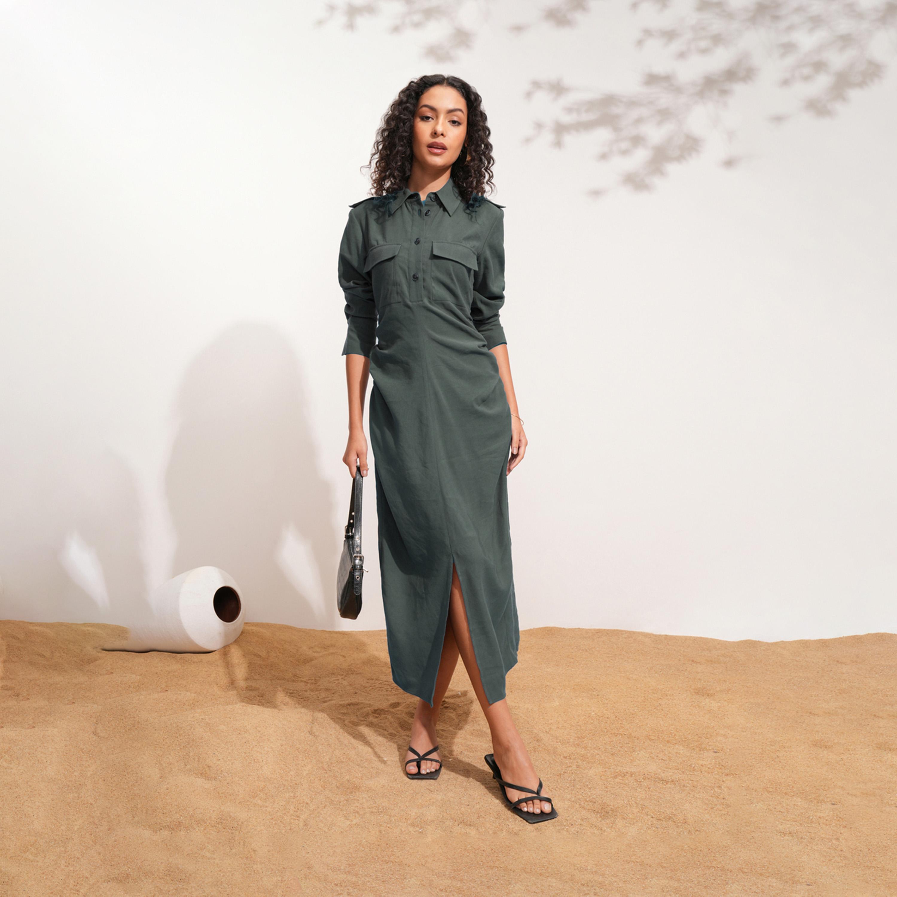 Tokyo Talkies X Styli Solid Collared Shirt Midi Dress With Front Slit Detail-women-clothing-dresses-image-2