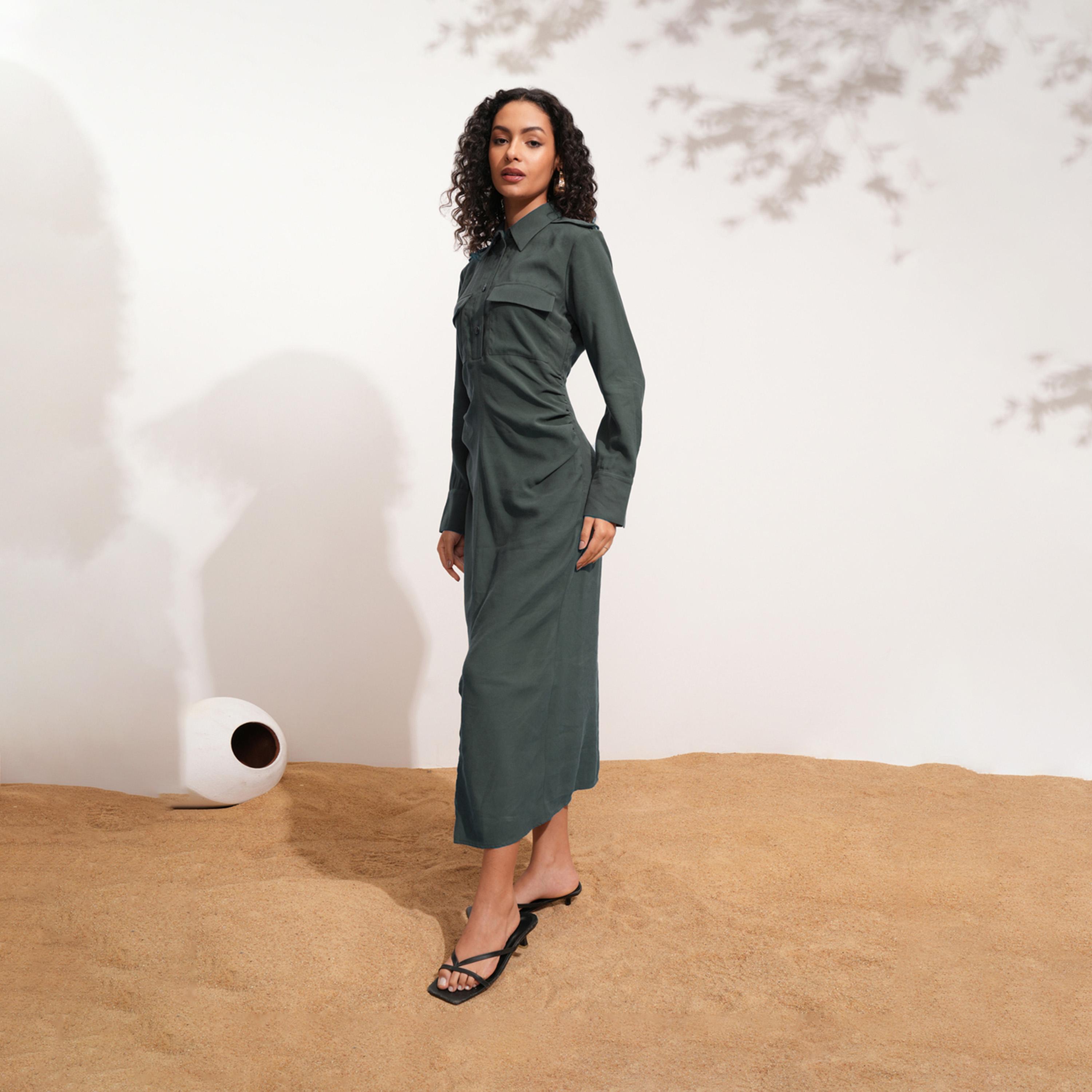 Tokyo Talkies X Styli Solid Collared Shirt Midi Dress With Front Slit Detail-women-clothing-dresses-image-3