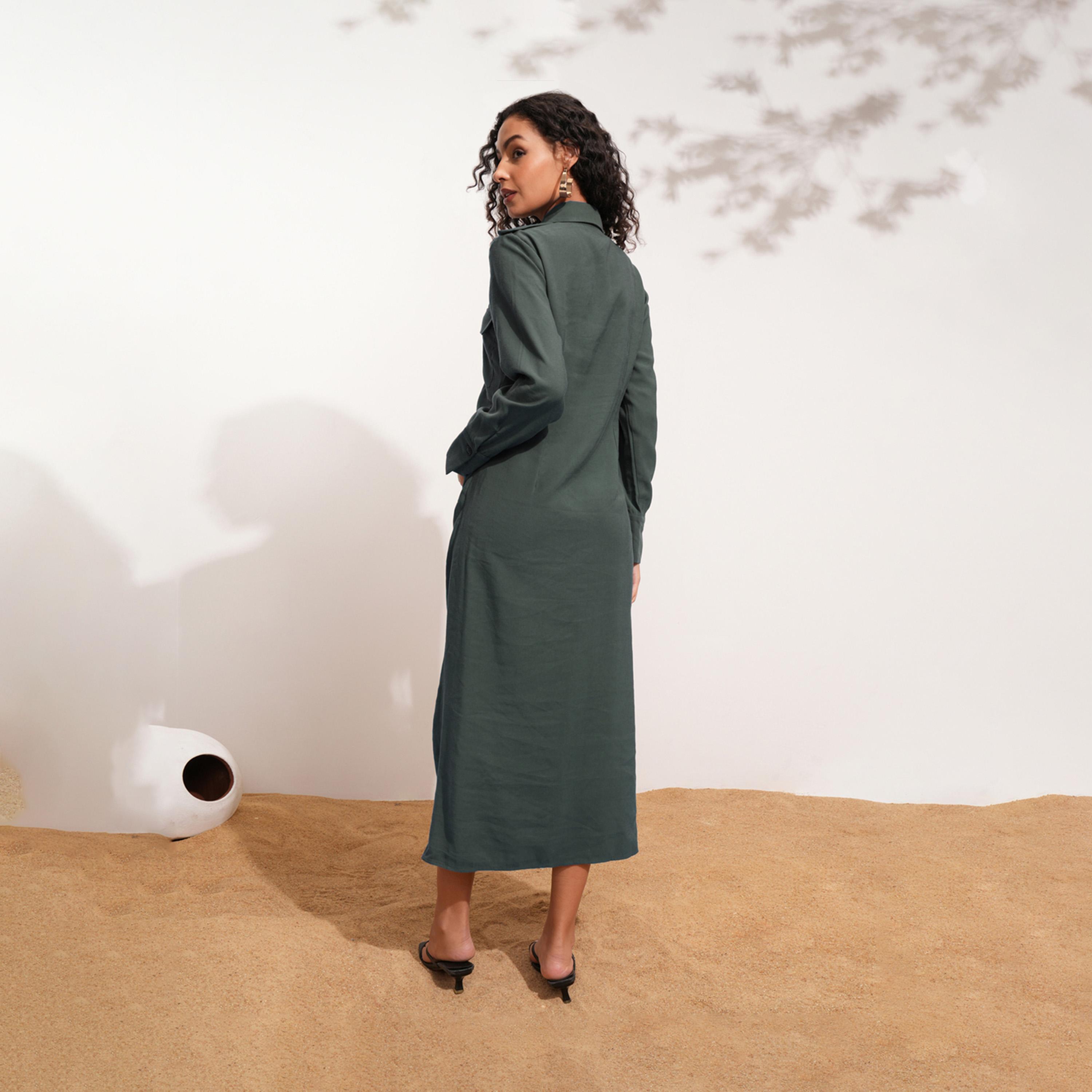 Tokyo Talkies X Styli Solid Collared Shirt Midi Dress With Front Slit Detail-women-clothing-dresses-image-4