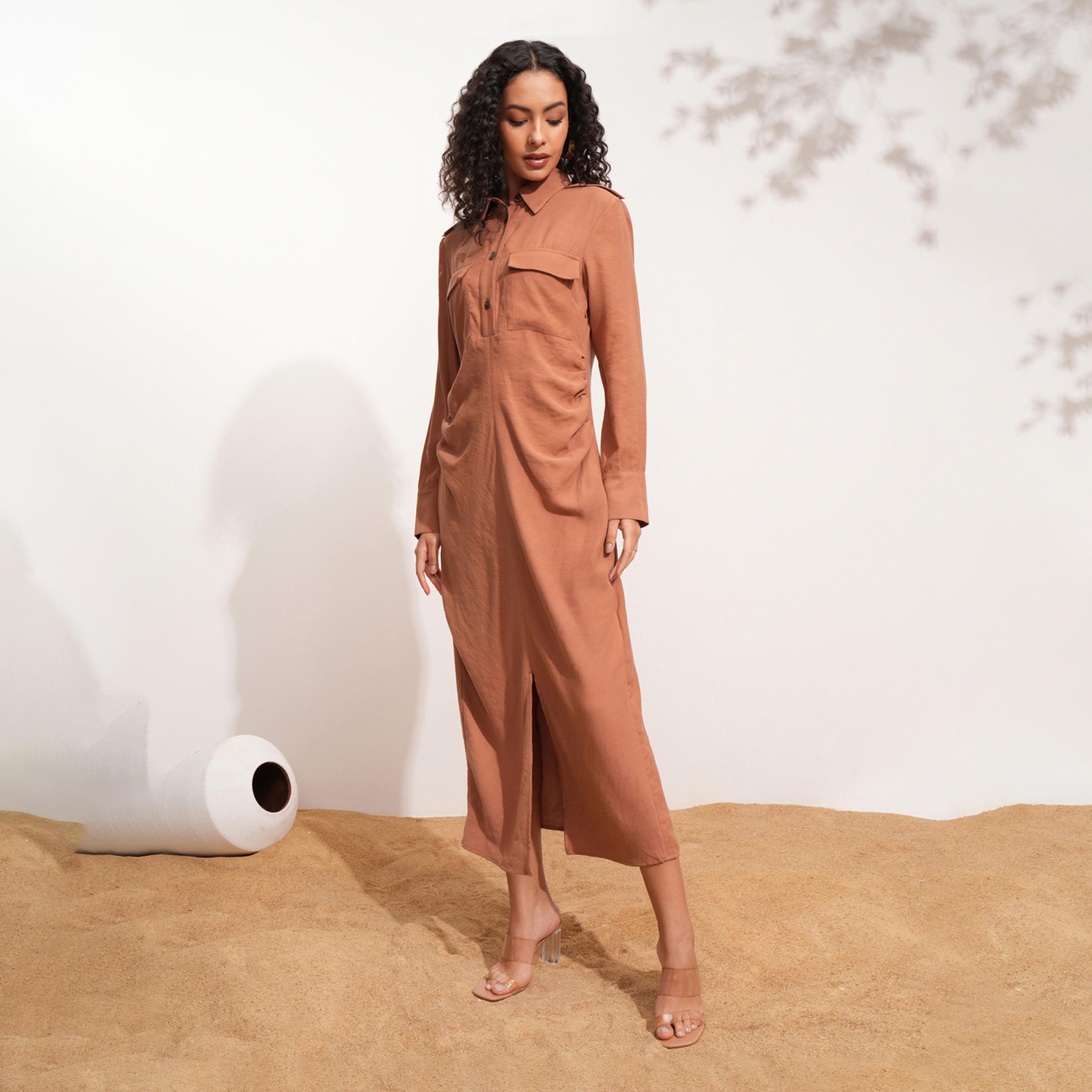 Tokyo Talkies X Styli Solid Collared Shirt Midi Dress With Front Slit Detail-women-clothing-dresses-image-1