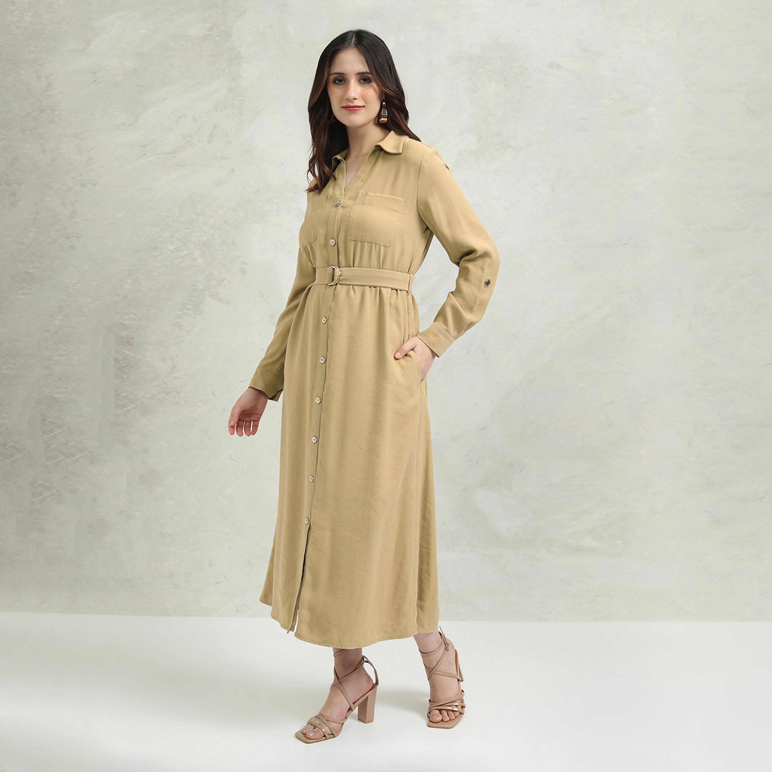Tokyo Talkies X Styli Solid Pocket Detail Shirt Collar A-Line Midi Dress-women-clothing-dresses-image-1