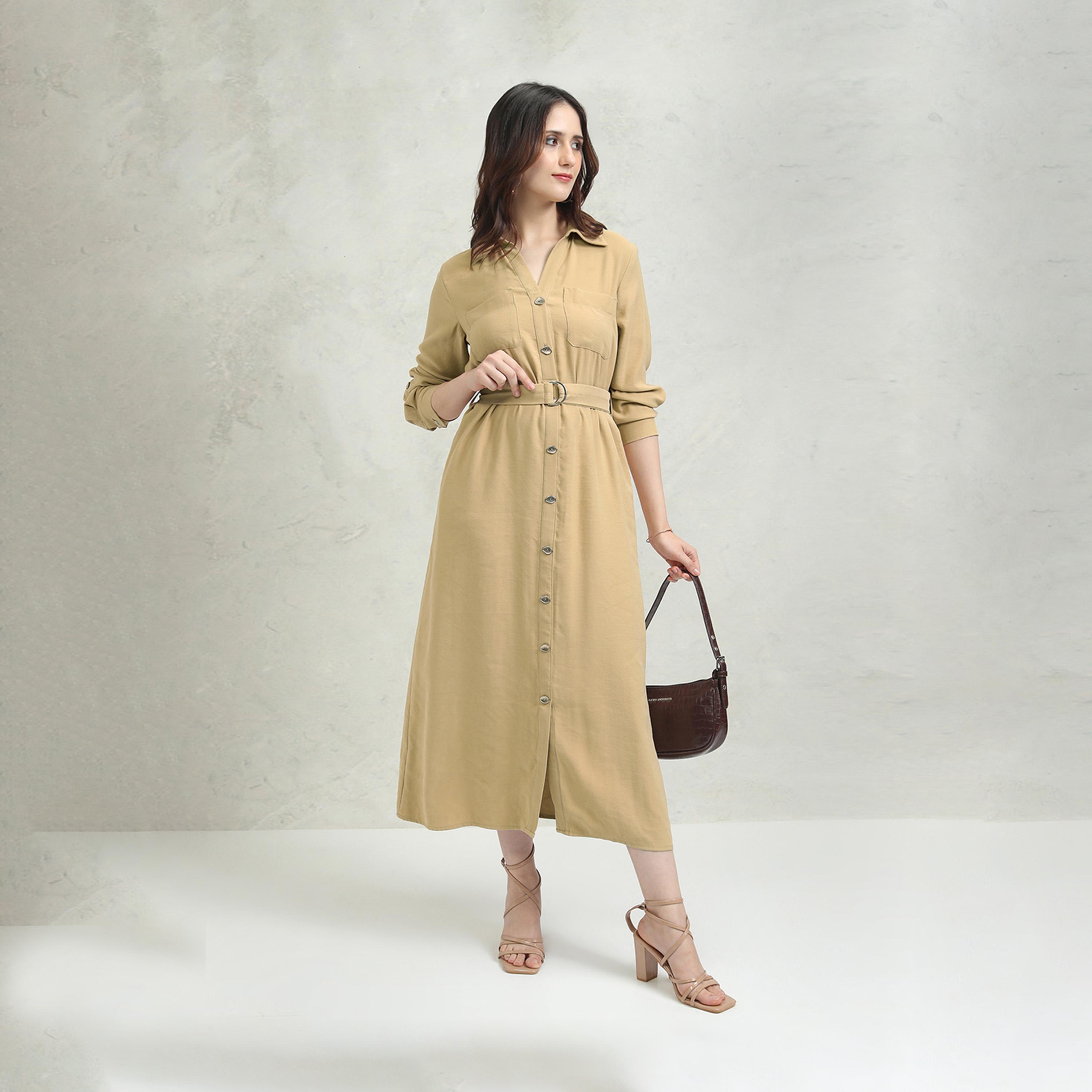 Tokyo Talkies X Styli Solid Pocket Detail Shirt Collar A-Line Midi Dress-women-clothing-dresses-image-2