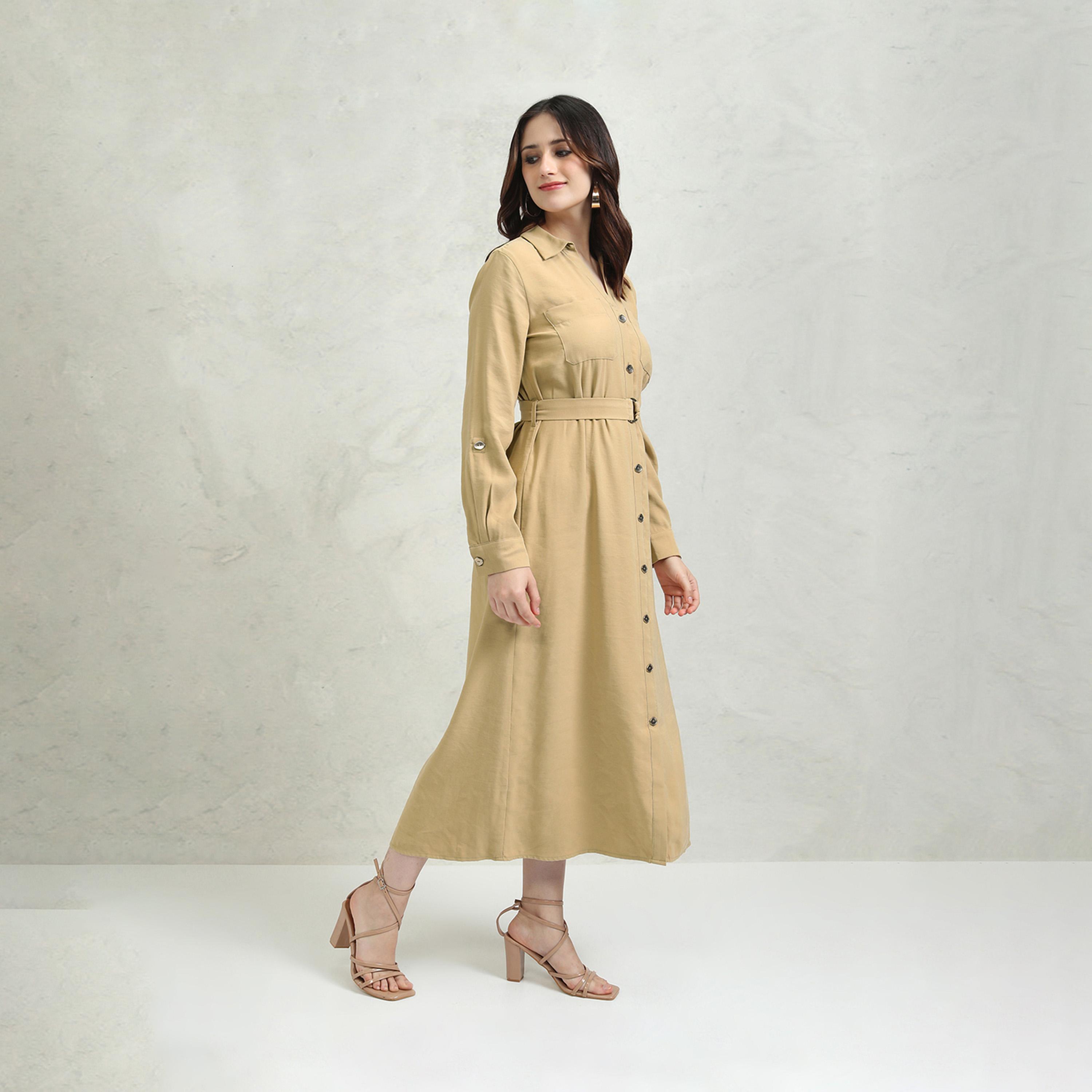 Tokyo Talkies X Styli Solid Pocket Detail Shirt Collar A-Line Midi Dress-women-clothing-dresses-image-3