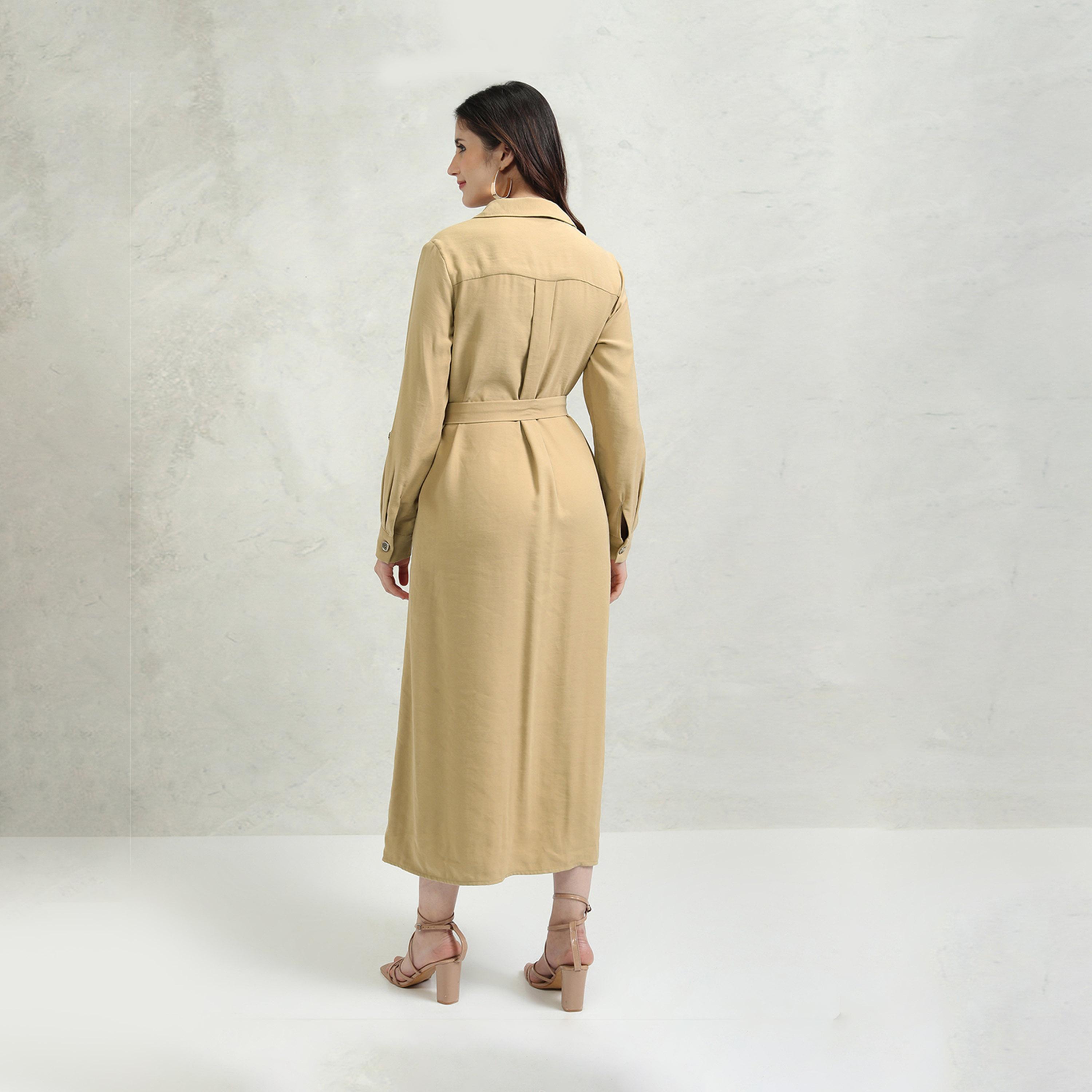 Tokyo Talkies X Styli Solid Pocket Detail Shirt Collar A-Line Midi Dress-women-clothing-dresses-image-4