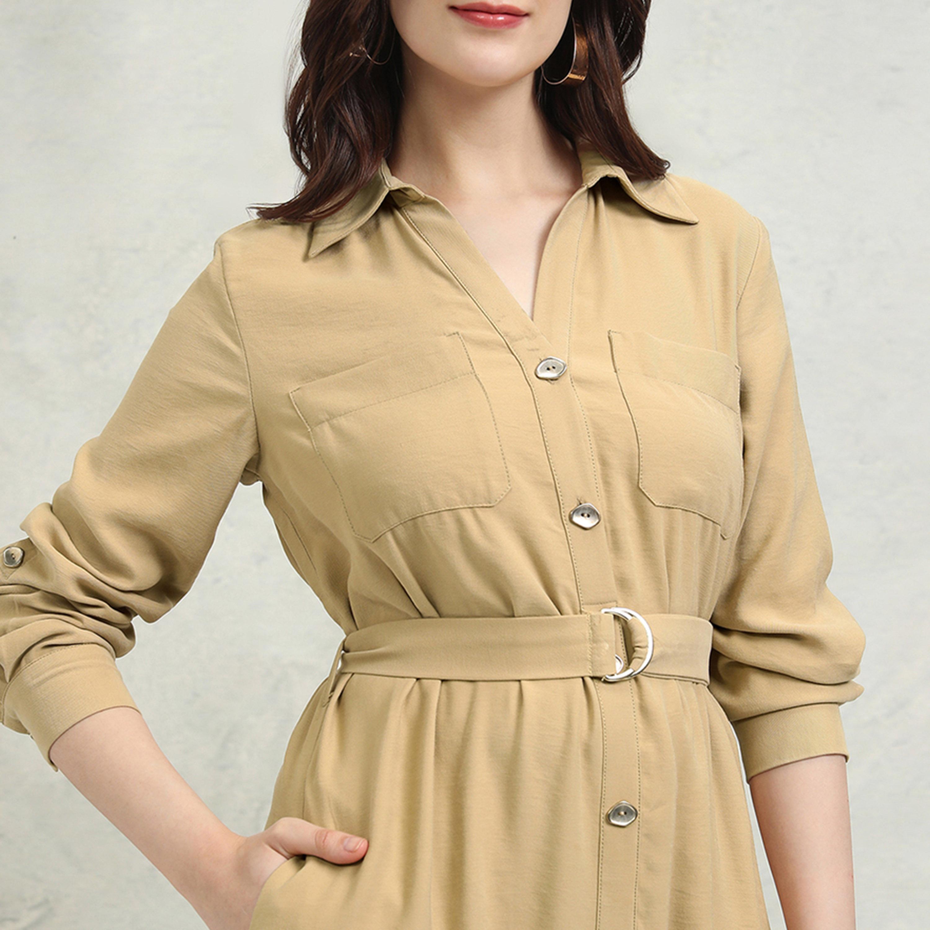 Tokyo Talkies X Styli Solid Pocket Detail Shirt Collar A-Line Midi Dress-women-clothing-dresses-image-5