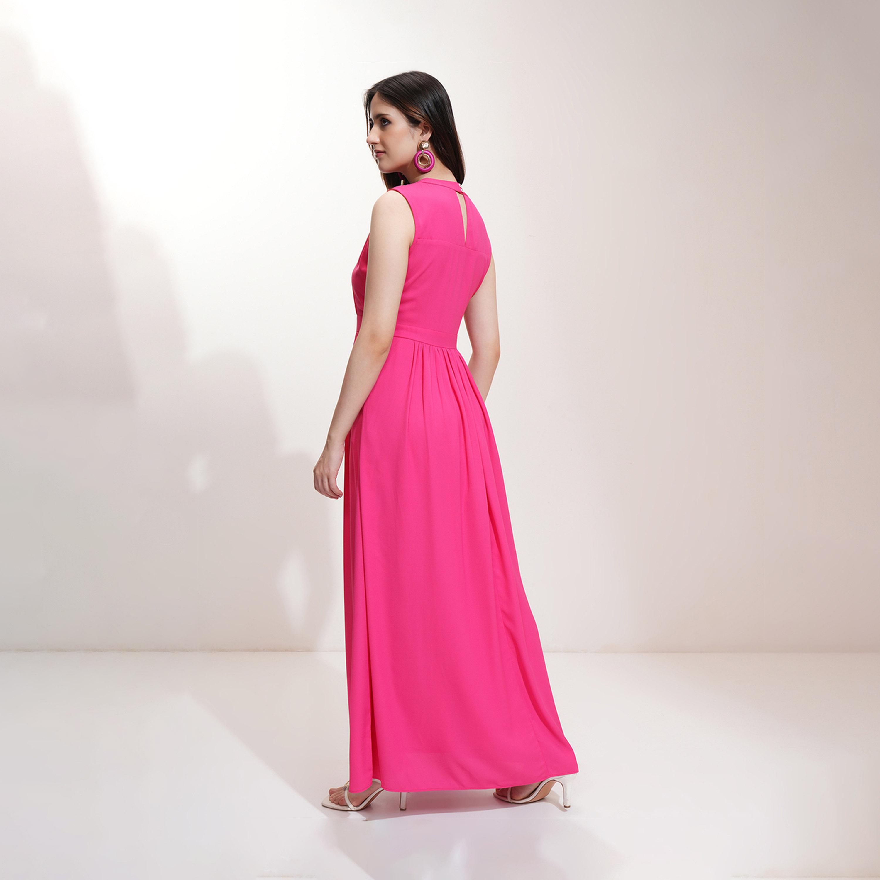 طوكيو توكيز - فستان ماكسي سادة بثنيات وقصة A وفتحة رقبة صغيرة-women-clothing-dresses-image-4