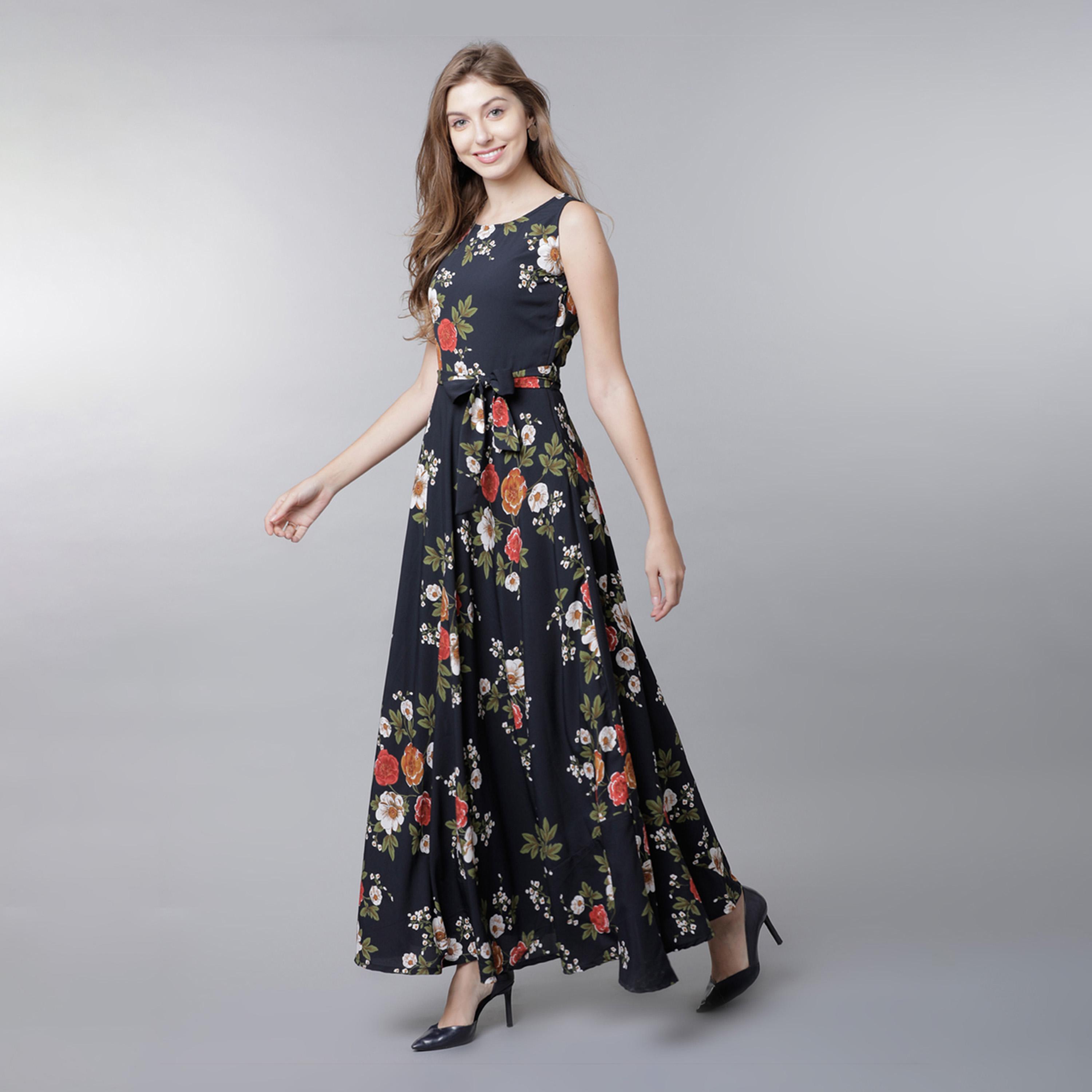 طوكيو توكيز - فستان ماكسي بدون أكمام بطبعة زهور كاملة مع تفاصيل رباط على الخصر-women-clothing-dresses-image-1
