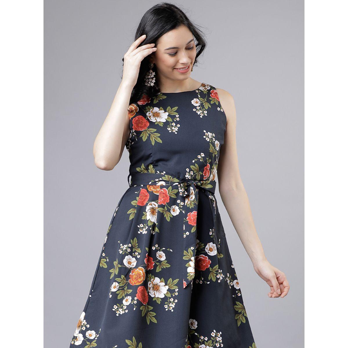 Tokyo Talkies X Styli Floral Print Fit and Flare Knee Length Dress with Tie-Belt-women-clothing-dresses-image-1