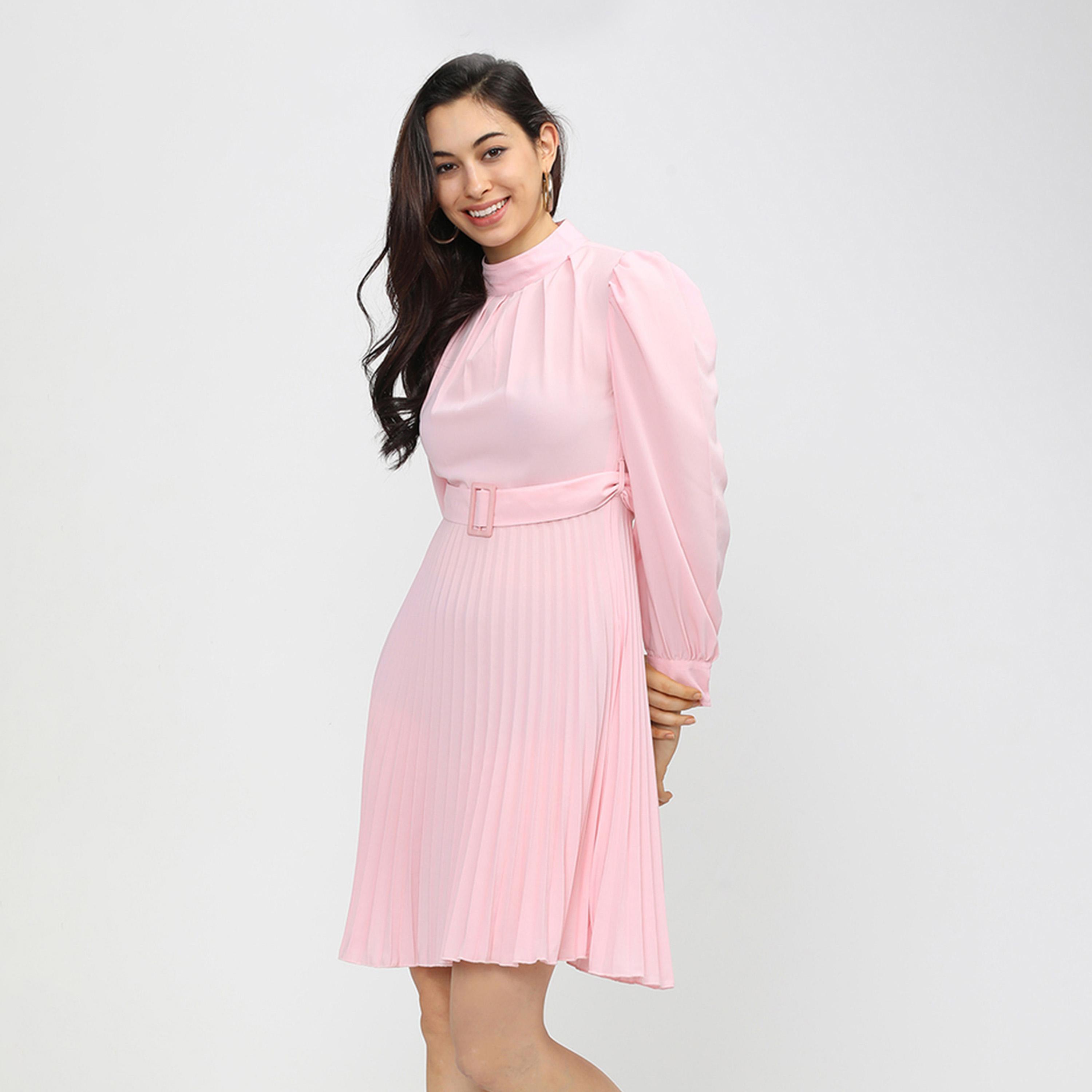 Tokyo Talkies X Styli High Neck Pleated Mini Dress with Waist Belt Detail-women-clothing-dresses-image-1